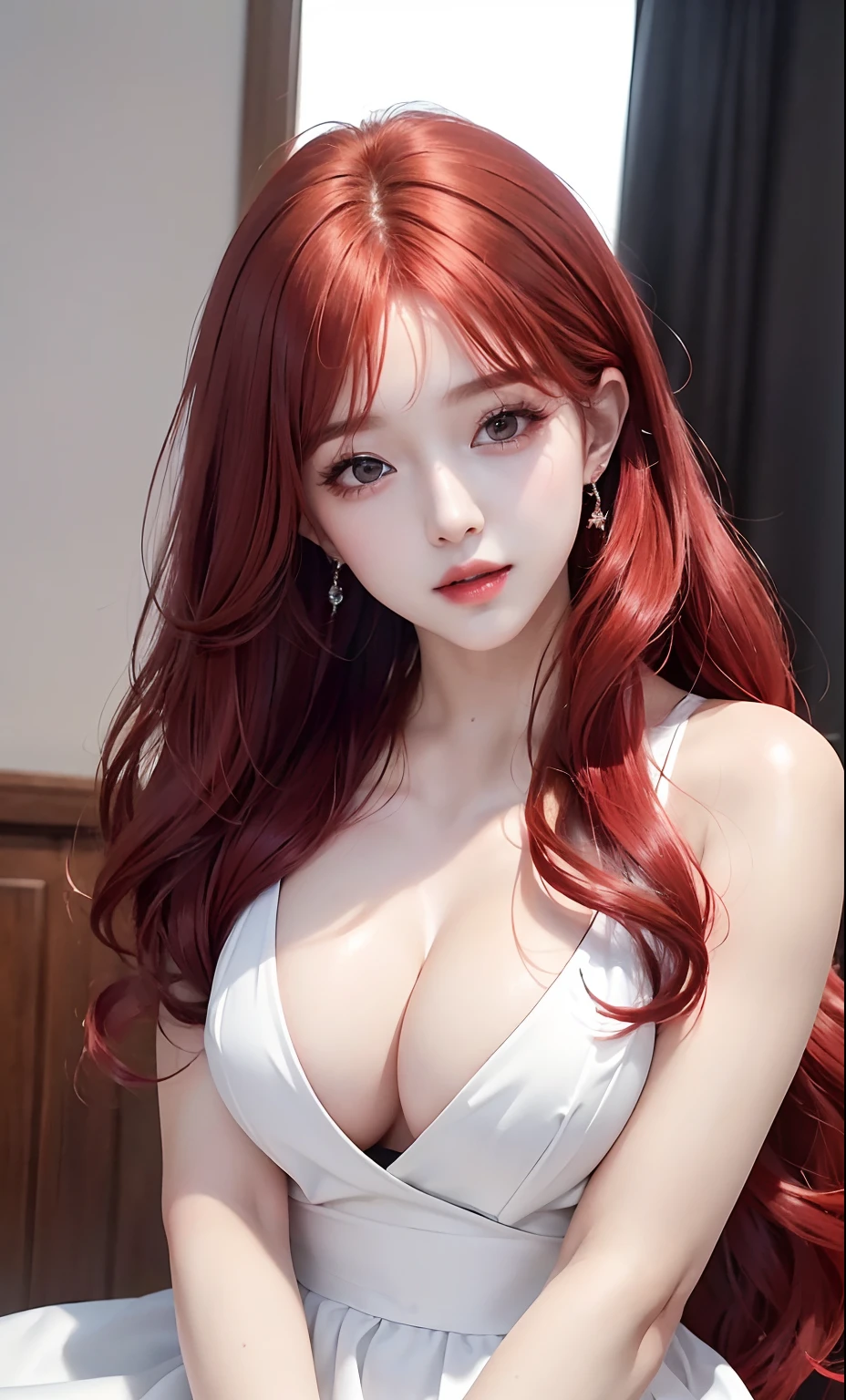(8k, RAW photo, photorealistic:1.25) ,long red hair, ( lip gloss, eyelashes, glossy side, shiny skin, best quality, ultra-high resolution, depth of field, chromatic aberration, caustics, wide light, natural shadow, Kpop idol) Watch the audience with serenity and goddess-like happiness,