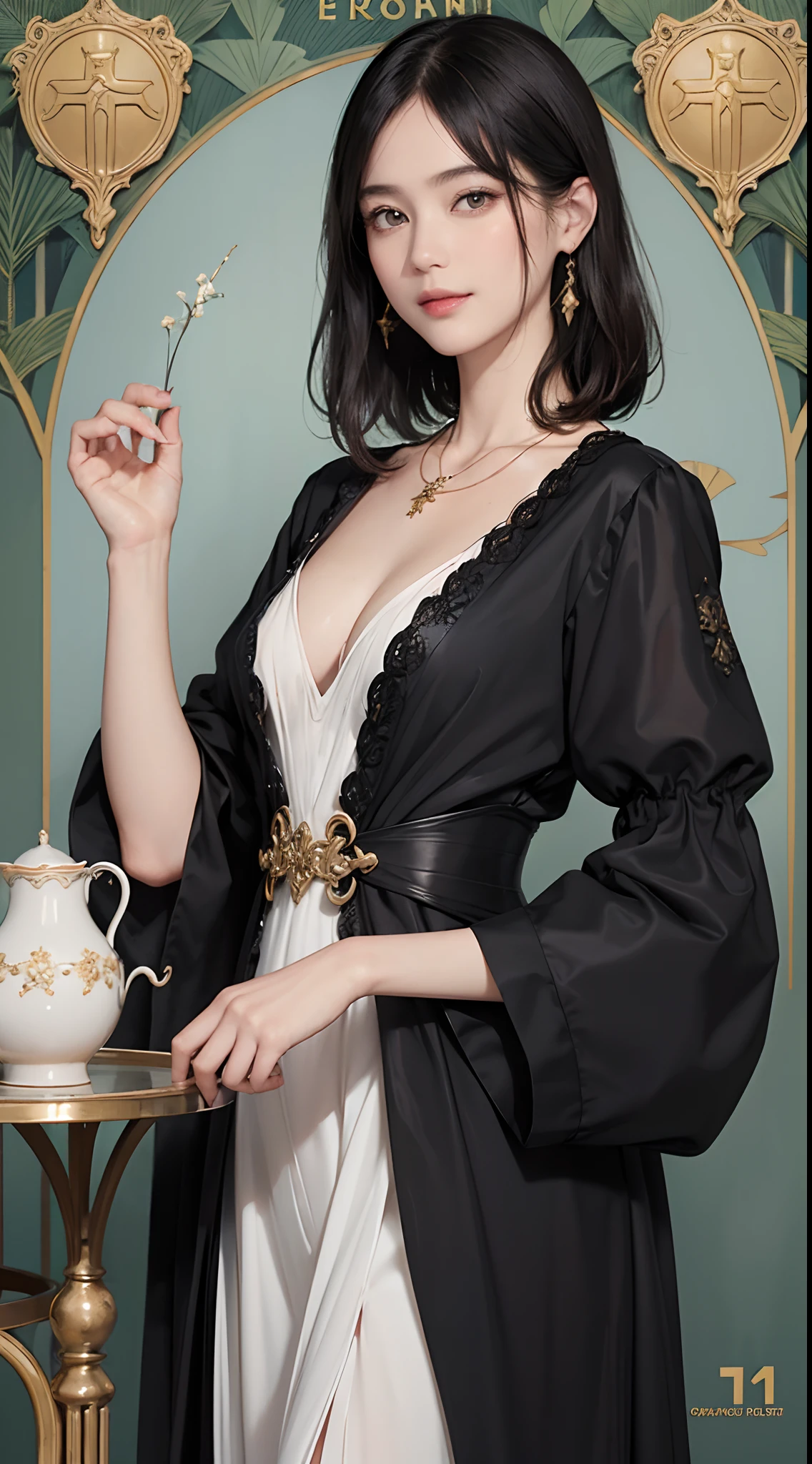 ((1womanl)), (Black shorthair), (masuter piece:1,2)、top-quality、masterpiece、hight resolution、original、highly detailed wallpaper、pubic hair beauty、Art Nouveau、dress code、Luxurious necklace, A slight smil、Small face、big breasts、Vivid Color、Live-action style