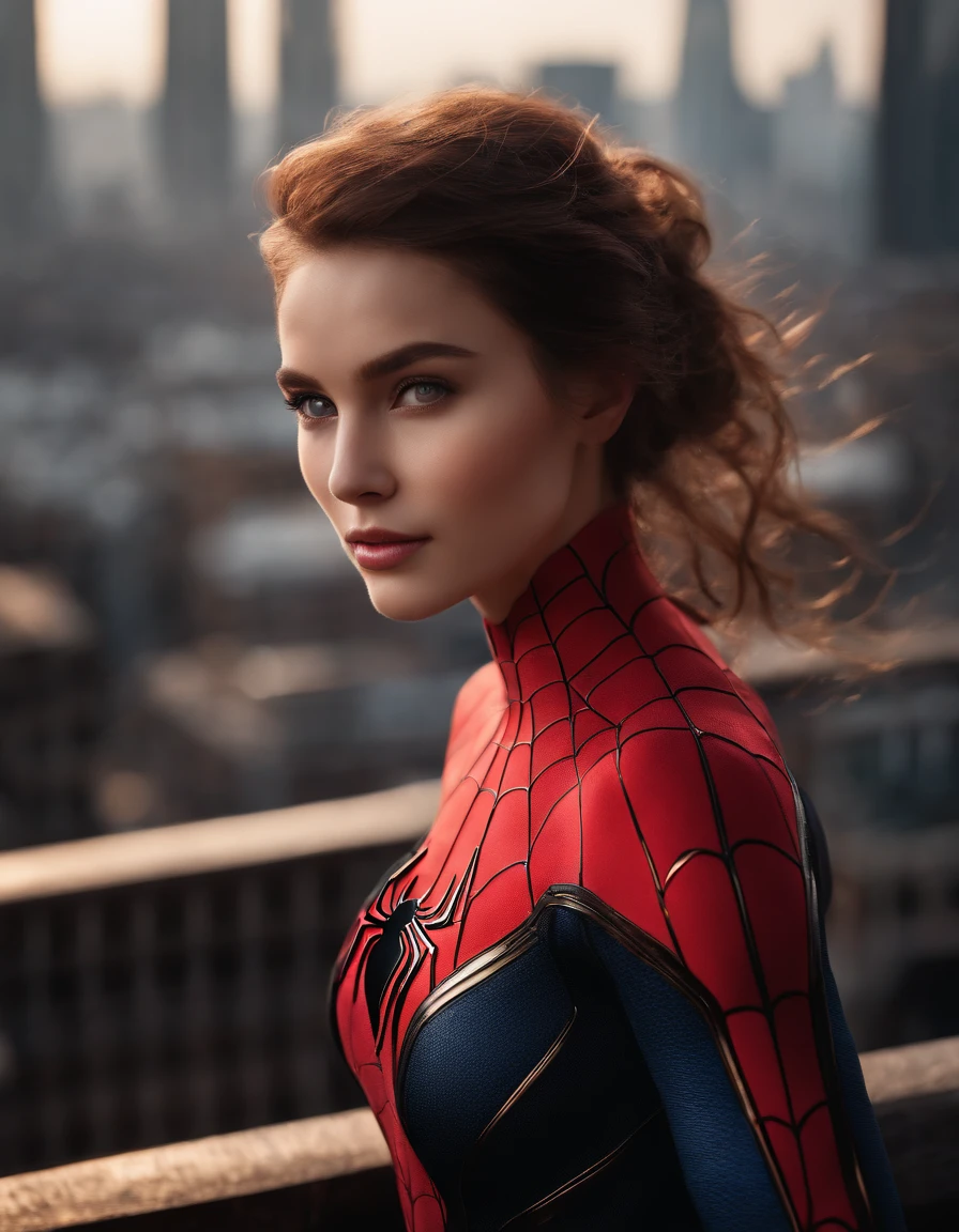 (1girl:1.3), Solo, (((Very detailed face)))), ((Very detailed eyes and face)))), Beautiful detail eyes, Body parts__, Official art, Unified 8k wallpaper, Super detailed, beautiful and beautiful, beautiful, masterpiece, best quality, original, masterpiece, super fine photo, best quality, super high resolution, realistic realism, sunlight, full body portrait, amazing beauty, dynamic pose, delicate face, vibrant eyes, (from the front), She wears Spider-Man suit, red and black color scheme, spider, very detailed city roof background, rooftop, overlooking the city, detailed face, detailed complex busy background, messy, gorgeous, milky white, highly detailed skin, realistic skin details, visible pores, clear focus, volumetric fog, 8k uhd, DSLR, high quality, film grain, fair skin, photo realism, lomography, futuristic dystopian megalopolis, translucent