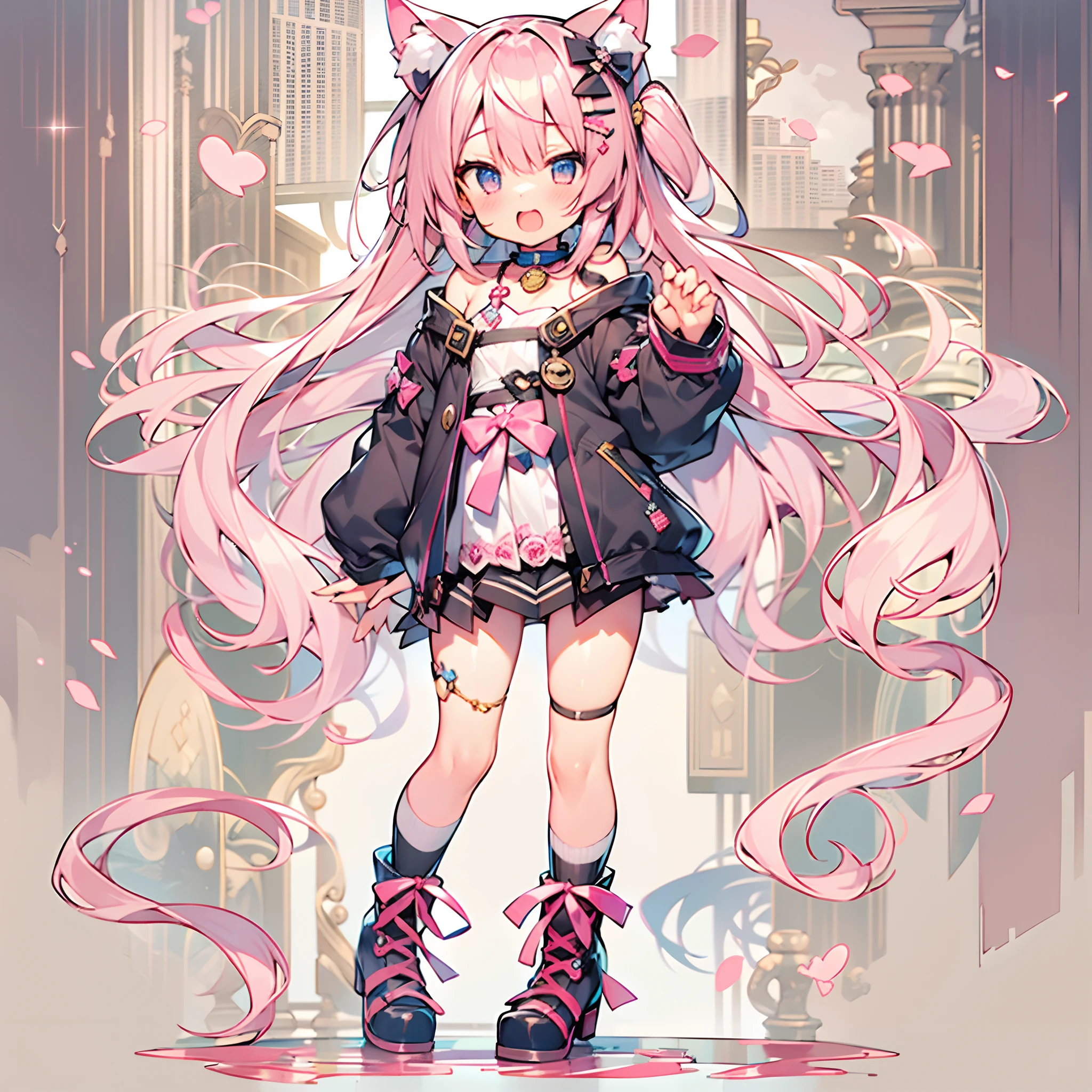 Cute girl with one cat ear、Japan anime style、Moe、(Full Picture 2.0)、(Standing Picture 2.0)、(No background 1.3)、Authentic and highly detailed body、小柄、girl with、childish、10yaers old、length hair、bangss、A pink-haired、Authentic and highly detailed face、beautiful eyes that are authentic and highly detailed,、 Authentic and very delicate arms and hands、Authentic and highly detailed human hands(5 fingers)、The most beautiful girl in the world、Delicate and beautiful pink cat eyes、Authentic skin texture、lolita、a miniskirt、(Authentic and highly detailed pink knee-high socks 2.5)、(Authentic and highly detailed long boots 1.5)