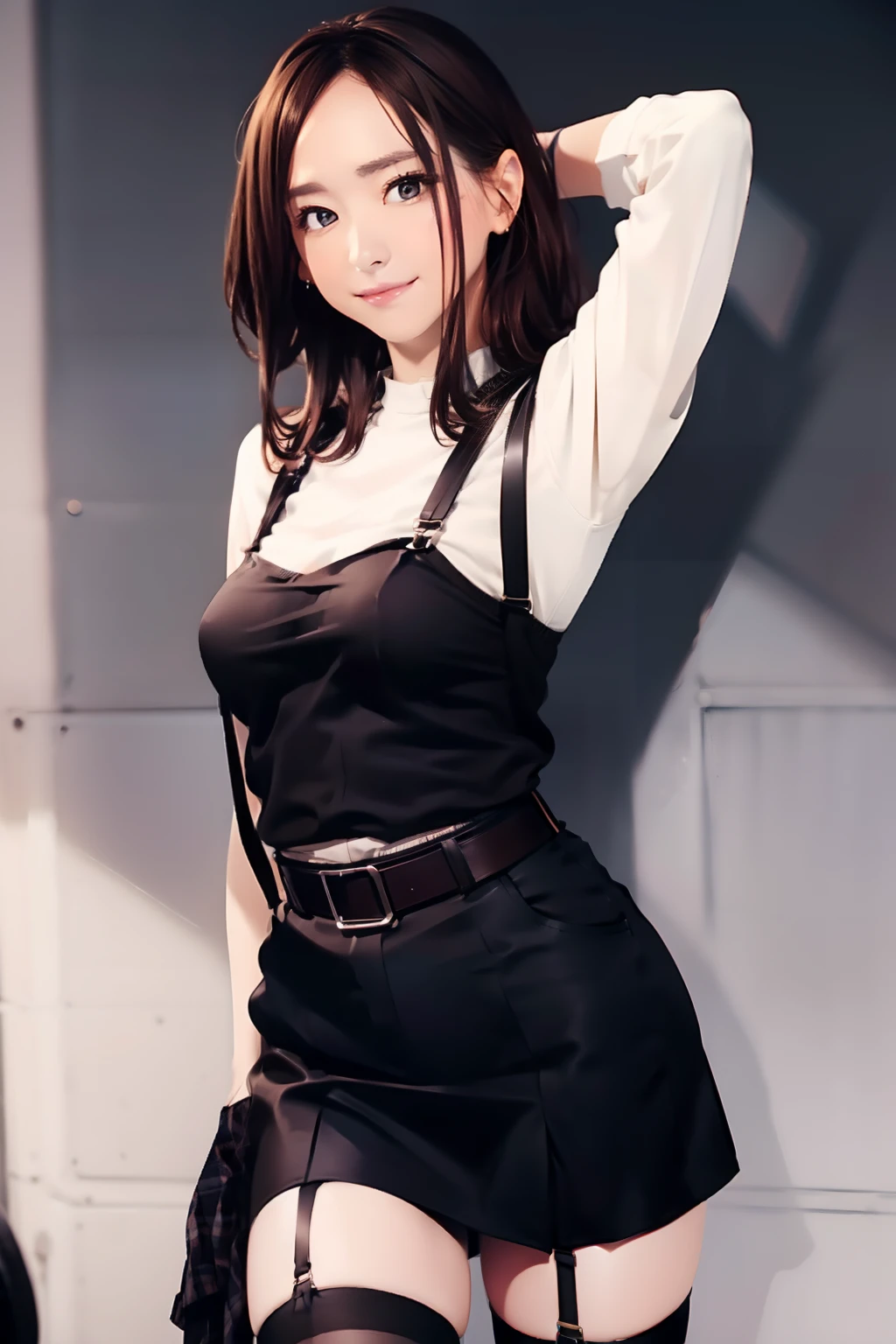Black skirt, suspenders, Brown hair Gray eyes, Garter belt on the legs, Tight clothes, a belt Armpit sweat Tight look Moderate breasts