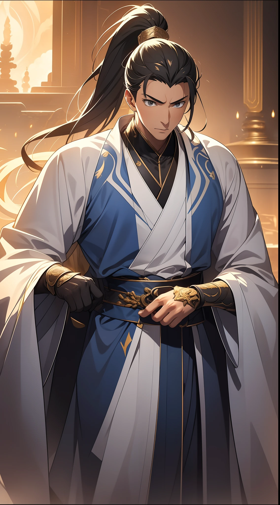 quadratic element，style of anime，mtu（Male Warrior），The proportions are correct，Face details，swordsmen，High ponytail hairstyle，Neck details，There is an Adam's apple，Blue suit，kaftan，long blue robes，clothes details，Handing over，longer sleeves，Game quality，Swordsmanship，Light and shadow tracking，Ray traching，detailed glow，cg render，hair detail，yellow long hair，blue colored eyes，Handsome，Handsome，（juvenile sense），Clothing is complicated，Perfectcomposition，Refinement，high qulity，higher details，Lots of details，The background is complex，a sense of atmosphere，