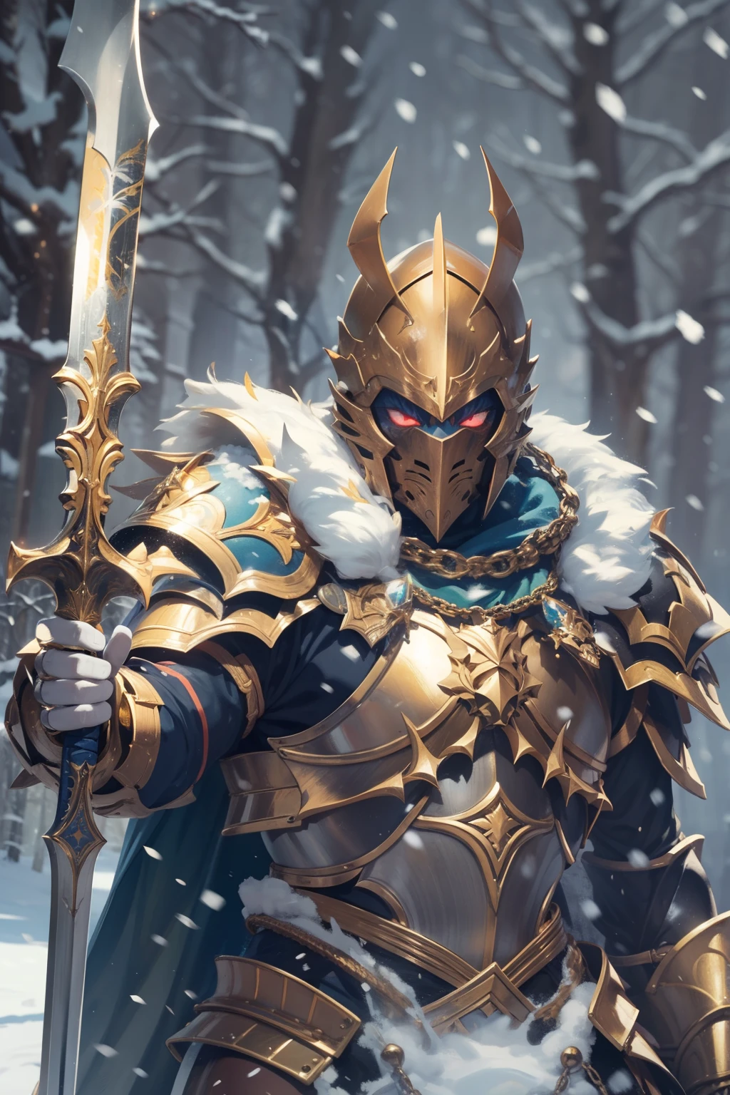 Berserker royal knight wearing a gleaming sssuit of withe and gold armor, standing proudly, holding his majestic sword, snowy background