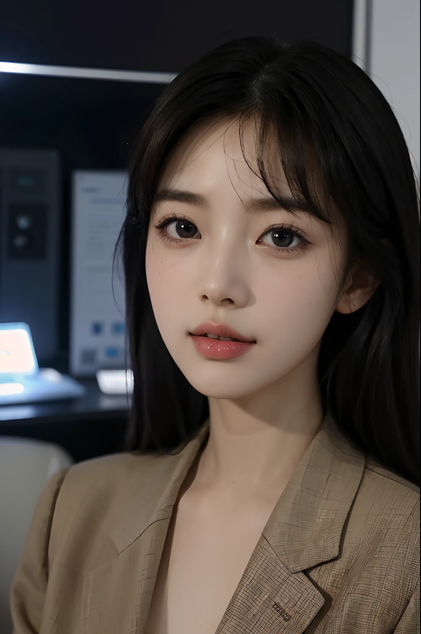 High-res, Realistic portrait of professional korean office lady with perfect skin，Professional suits，Women's suits，stand posture，The upper part of the body，Women in the workplace，Show confidence and maturity, Surrounded by a modern corporate environment, Vibrant and naturally lit highlights. The artwork should emphasize her elegant facial features, Including charming long eyes, Fluttering eyelashes and seductive lips. The scene should be enhanced with elements of professionalism and visual appeal，For example, Stylish work desk, Mainframe computers, High-resolution display, and complex stationery. The overall tone should be warm and professional, Has a soft and natural color palette. The artwork should exude a sense of professionalism, Success, and cultural pride，The background is blurred out