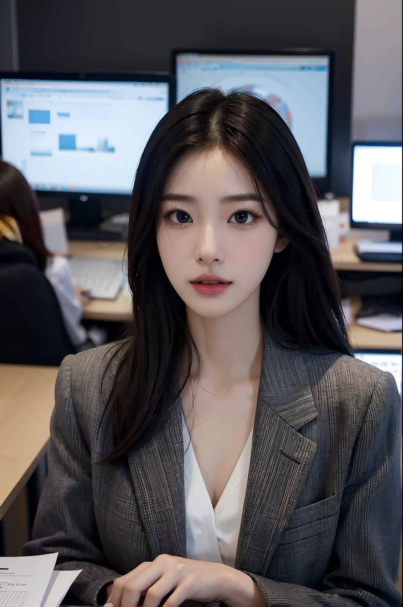 High-res, Realistic portrait of professional korean office lady with perfect skin,Professional suits,Women's suits,stand posture,The upper part of the body,Women in the workplace,Show confidence and maturity, Surrounded by a modern corporate environment, Vibrant and naturally lit highlights. The artwork should emphasize her elegant facial features, Including charming long eyes, Fluttering eyelashes and seductive lips. The scene should be enhanced with elements of professionalism and visual appeal,For example, Stylish work desk, Mainframe computers, High-resolution display, and complex stationery. The overall tone should be warm and professional, Has a soft and natural color palette. The artwork should exude a sense of professionalism, Success, and cultural pride,The background is blurred out
