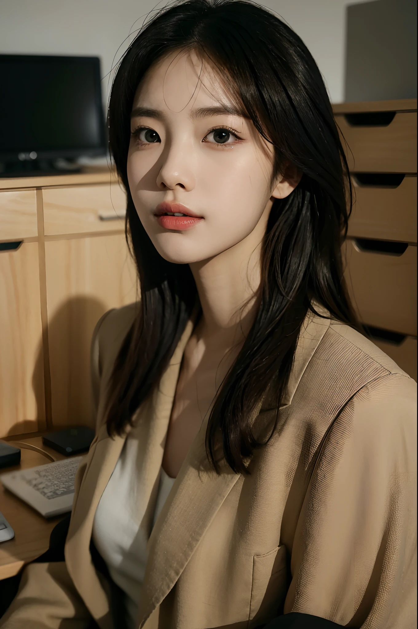 High-res, Realistic portrait of professional korean office lady with perfect skin,Professional suits,Women's suits,stand posture,The upper part of the body,Women in the workplace,Show confidence and maturity, Surrounded by a modern corporate environment, Vibrant and naturally lit highlights. The artwork should emphasize her elegant facial features, Including charming long eyes, Fluttering eyelashes and seductive lips. The scene should be enhanced with elements of professionalism and visual appeal,For example, Stylish work desk, Mainframe computers, High-resolution display, and complex stationery. The overall tone should be warm and professional, Has a soft and natural color palette. The artwork should exude a sense of professionalism, Success, and cultural pride,The background is blurred out