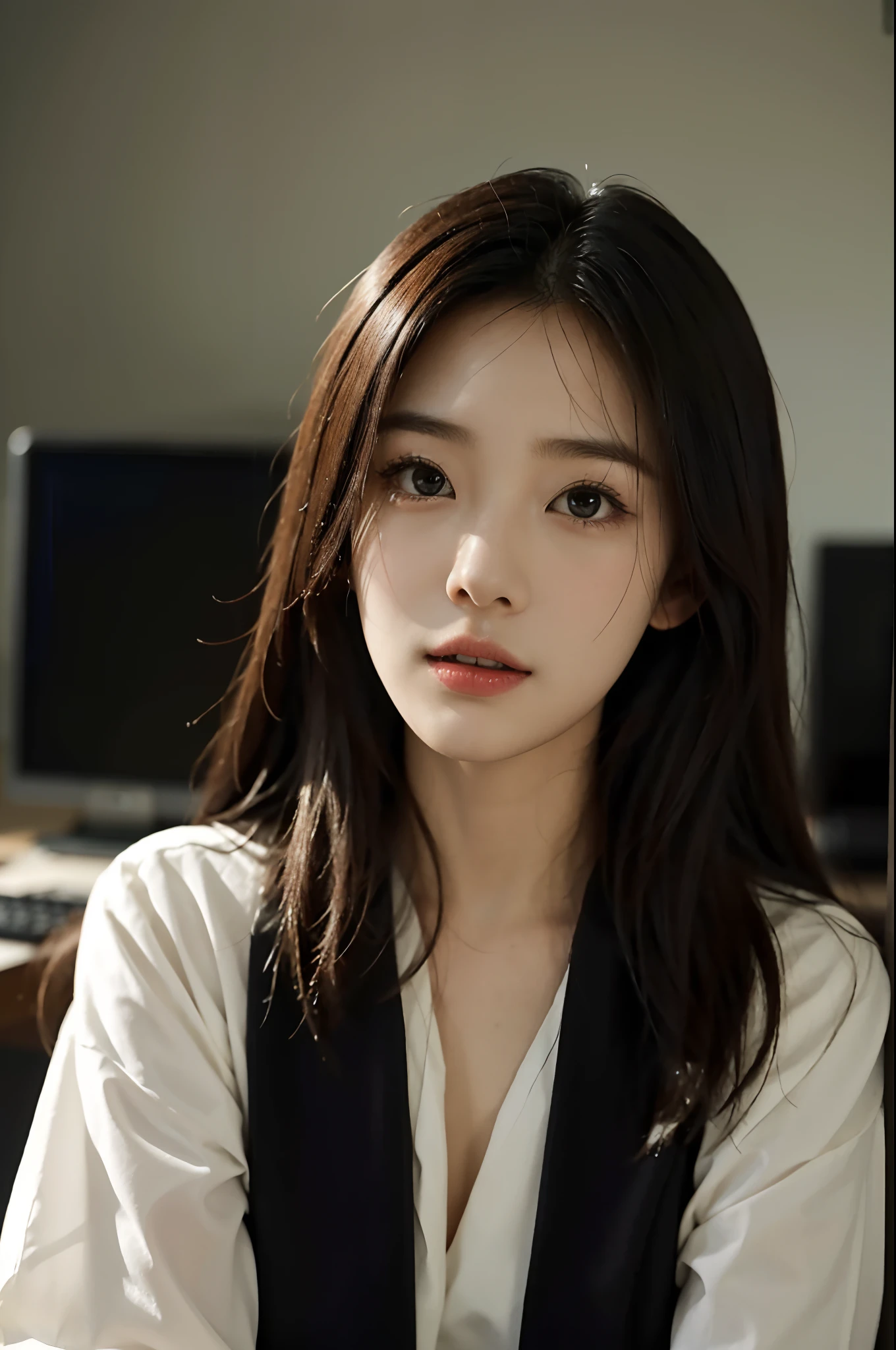 High-res, Realistic portrait of professional korean office lady with perfect skin,Professional suits,Women's suits,stand posture,The upper part of the body,Women in the workplace,Show confidence and maturity, Surrounded by a modern corporate environment, Vibrant and naturally lit highlights. The artwork should emphasize her elegant facial features, Including charming long eyes, Fluttering eyelashes and seductive lips. The scene should be enhanced with elements of professionalism and visual appeal,For example, Stylish work desk, Mainframe computers, High-resolution display, and complex stationery. The overall tone should be warm and professional, Has a soft and natural color palette. The artwork should exude a sense of professionalism, Success, and cultural pride,The background is blurred out