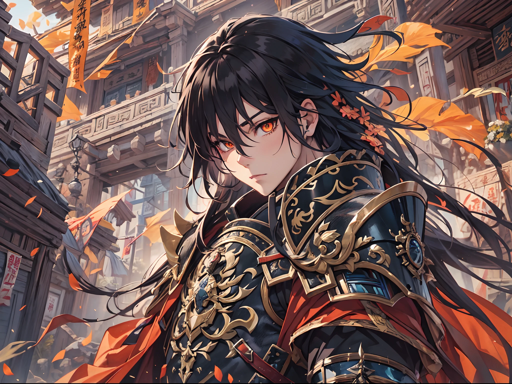 Ultra High Definition, Ultra High Quality, Extremely Detailed, Perfectly Detailed, Masterpiece, 8k, 1 Boy, Look A Like Xin From Kingdom Anime, Handsome, Armored With Chinese Emperor Armor, Black And Orange Pupil Eyes, Black Long Hair Tied, Full Body Shot, Ancient Kingdom Background