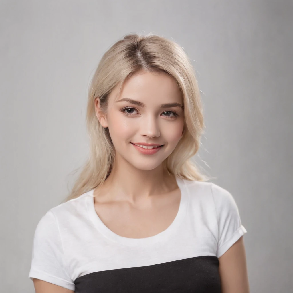(photo: 1.3) af (realism: 1.4), (((white T-shirt))), (blond lady), super high resolution, (realism: 1.4), 1 girl, female avatar, soft light, Black hair, smile, facial focus, cheerful, young, confident, ((gray background)), (((monochrome background))), high definition, details, slightly looking up, perfect picture, movie quality, ultra high definition, Female avatar, beautiful girl, young and beautiful, exquisite face, elegant and luxurious