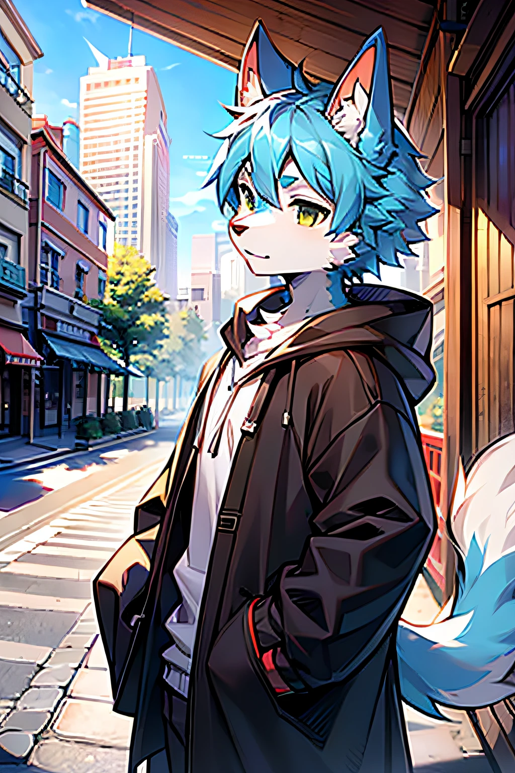 Furry male wolf，furred，bodyfur，城市，the street，独奏，longer sleeves，horizon，BREAK BREAK BREAK，AOEU，vectorial，Line art，CasualClothing，Young style，Particularly handsome，has a tail，one meter seven，16 yaers old，Blue-yellow heteropupils