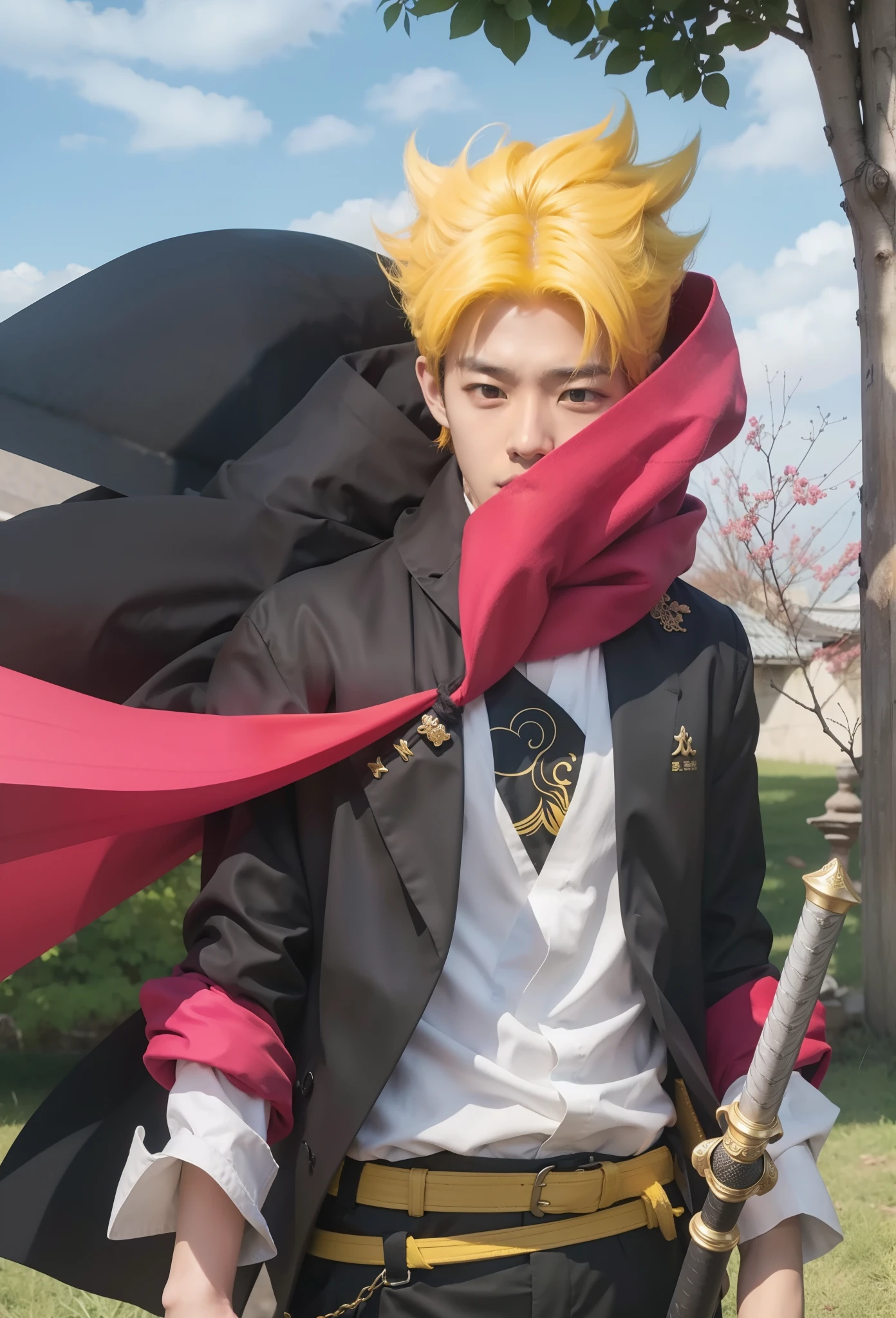 Real life adaption of this character,Korean handsome face,realistic yellow messy hair,realistic light,realistic shadow,hyper realistic,realism,(photorealistic:1.2),realistic same outfit with katana on his waist