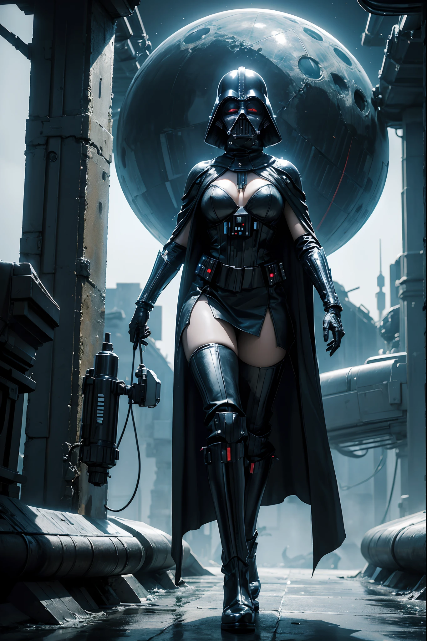 Full BodySexy Female Darth Vader with Helmet, Mask,Chest Armour ,Leather Long Boots, Cape, Skirt, in a futuristic Industry zone Fire in the Background and a Big Pale Moon in the sky, in the style of H.R. Giger, rendered in oil on canvas, with an abstract twist, featuring a vibrant, dynamic lighting scheme, utilizing 3D computer graphics, in 8K  ultra-high-definition resolution, exuding an eerie, futuristic atmosphere.