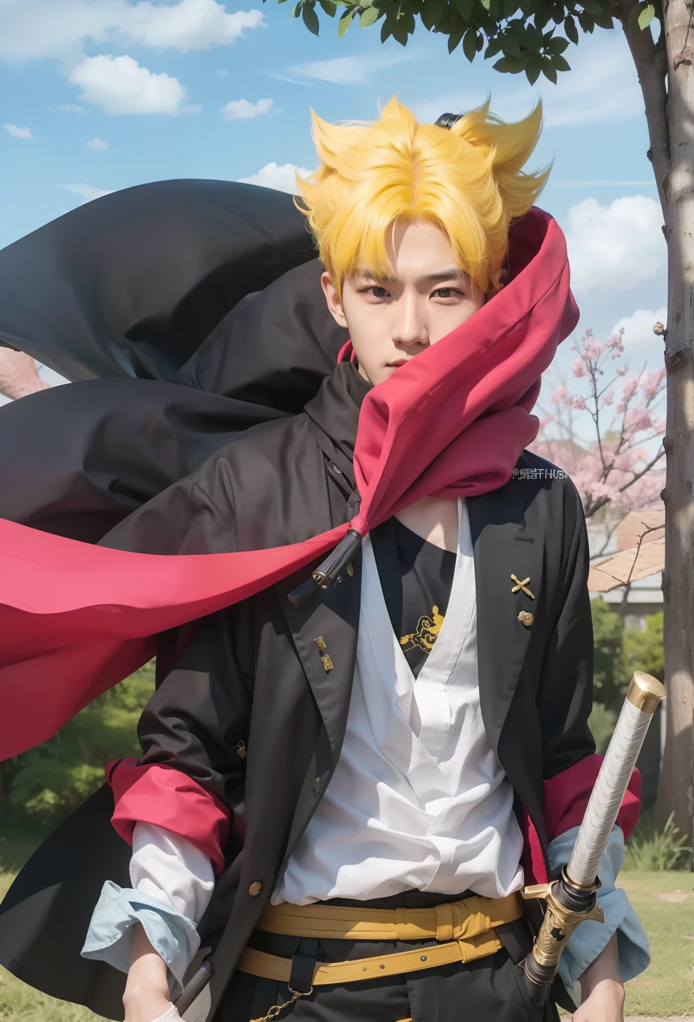 Real life adaption of this character,Korean handsome face,realistic yellow messy hair,realistic light,realistic shadow,hyper realistic,realism,(photorealistic:1.2),realistic same outfit with katana on his waist