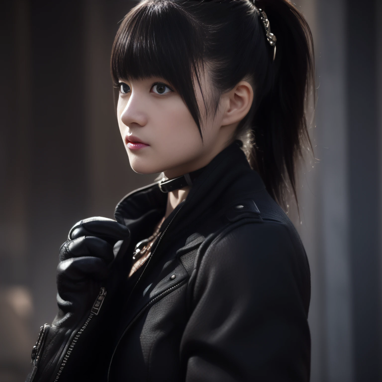 The girl is an assassin,Sharp eyes,ruthless,Black Suit,Have a gun,upper body,(Best Quality,Hyper Detail,8K,Live action,Realistic,Photorealistic,Detailed face,Detailed fingers:1.3),In a dark alley,Dark atmosphere,moonlight,night city,underground