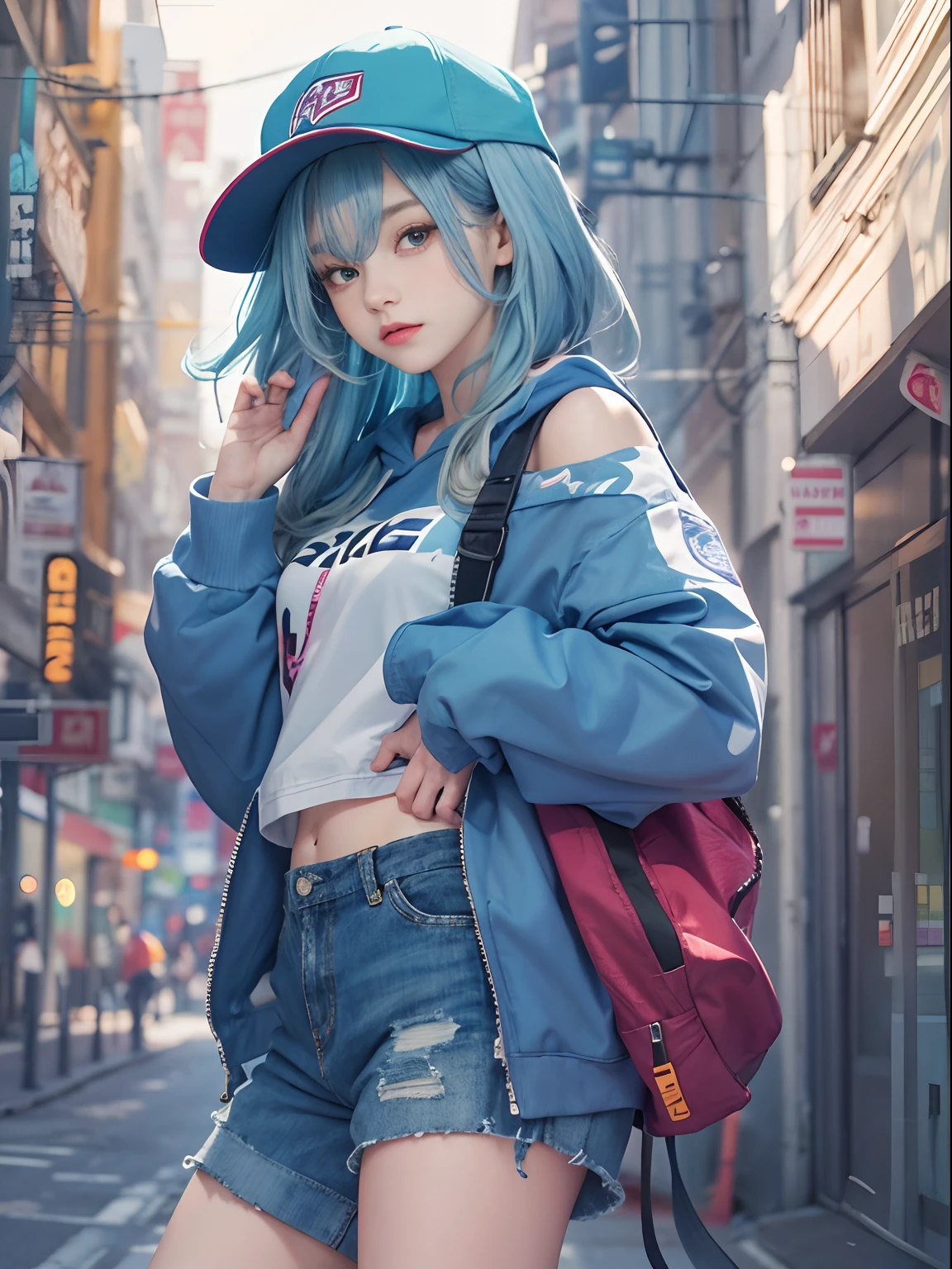 masterpiece,1girl,solo,long hair,blue hair,hoodie,off shoulder:1.2, mob cap, street,hand on hip, hand in pocket,