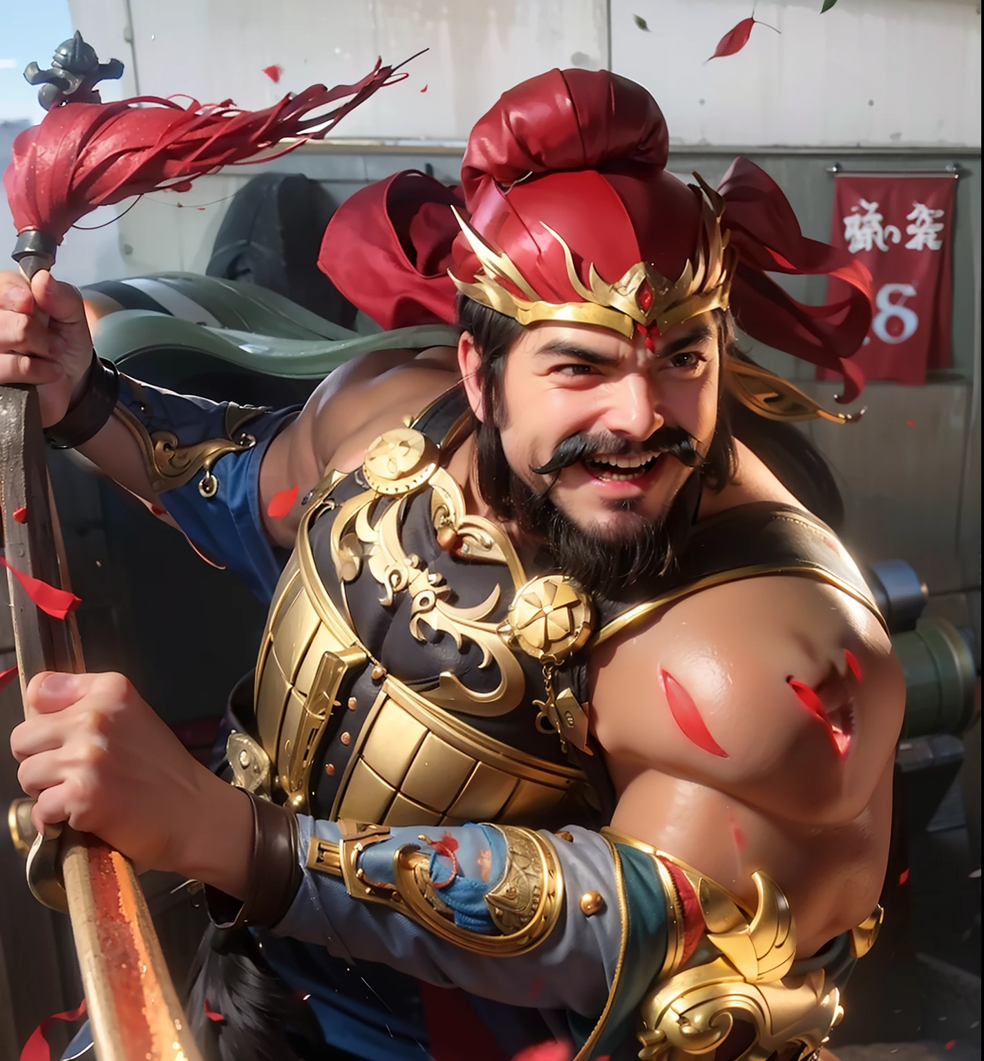 Adult man with a spear、mustache、Gritting teeth、Covering the head with a red cloth、well-muscled、Floating blood vessels、masuter piece、High Resolution 8k