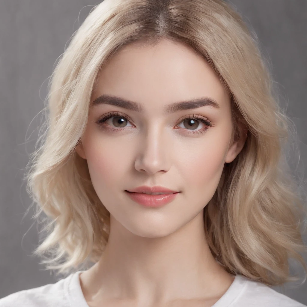 (photo: 1.3) af (realism: 1.4), (((white T-shirt))), blonde, (short-haired lady), super high resolution, (realism: 1.4), 1 girl, female avatar, soft light, black hair, smile, facial focus, cheerful, young, confident, ((gray background)), (((monochrome background))), high definition, detail, slightly looking up, perfect picture, movie quality, super HD, female avatar, beautiful girl, young and beautiful, exquisite face, elegant and luxurious