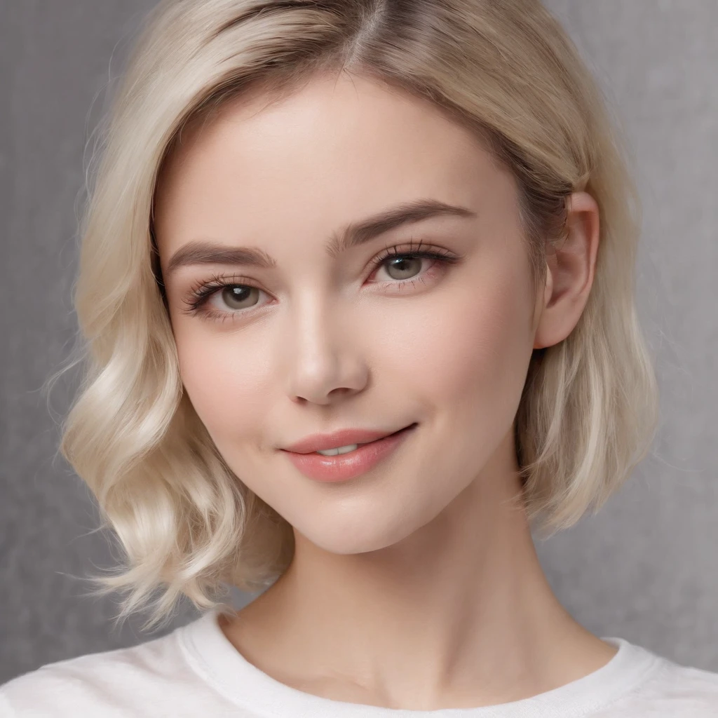 (photo: 1.3) af (realism: 1.4), (((white T-shirt))), blonde, (short-haired lady), super high resolution, (realism: 1.4), 1 girl, female avatar, soft light, black hair, smile, facial focus, cheerful, young, confident, ((gray background)), (((monochrome background))), high definition, detail, slightly looking up, perfect picture, movie quality, super HD, female avatar, beautiful girl, young and beautiful, exquisite face, elegant and luxurious