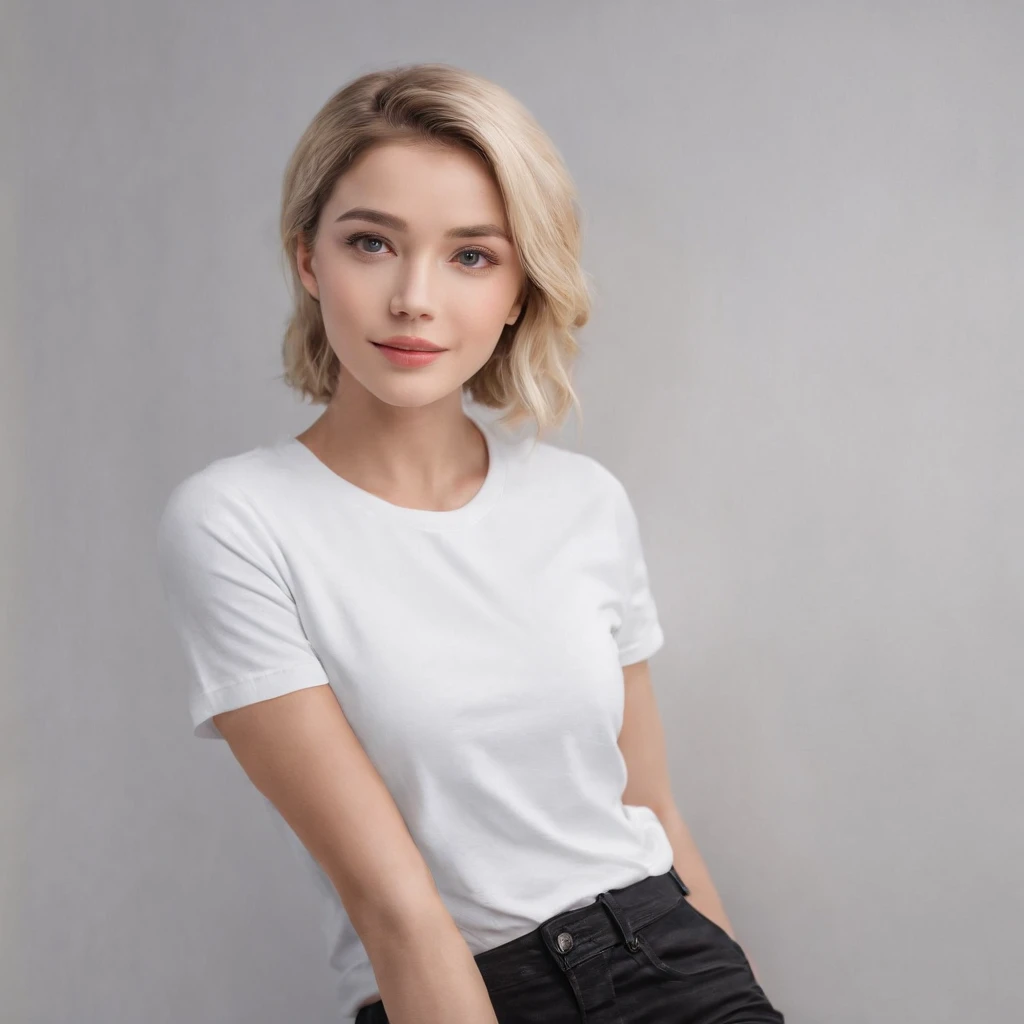 (photo: 1.3) af (realism: 1.4), (((white T-shirt))), blonde, (short-haired lady), super high resolution, (realism: 1.4), 1 girl, female avatar, soft light, black hair, smile, facial focus, cheerful, young, confident, ((gray background)), (((monochrome background))), high definition, detail, slightly looking up, perfect picture, movie quality, super HD, female avatar, beautiful girl, young and beautiful, exquisite face, elegant and luxurious