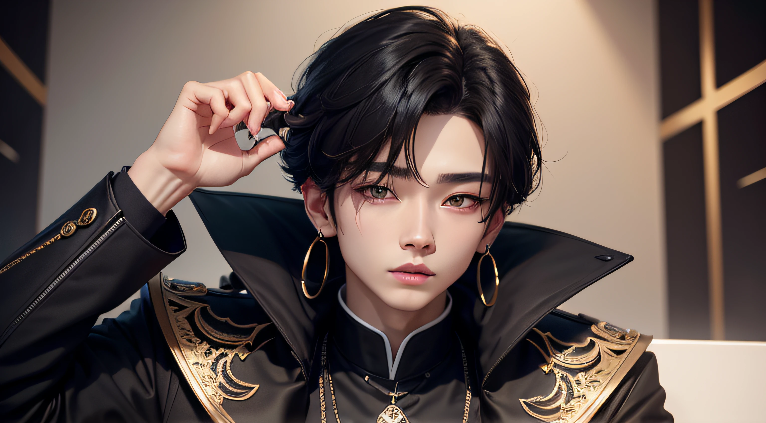 a close up of a person wearing a black jacket and earrings, hwang hyunjin, hyunjin, hyunjin straykids, cai xukun, hyung tae, jinyoung shin, jung jaehyun, wonbin lee, inspired by jeonseok lee, hong june hyung, jungkook, yanjun chengt, hyung tae kim, kim doyoung, taejune kim, delicate androgynous prince, shin jeongho, seseon yoon