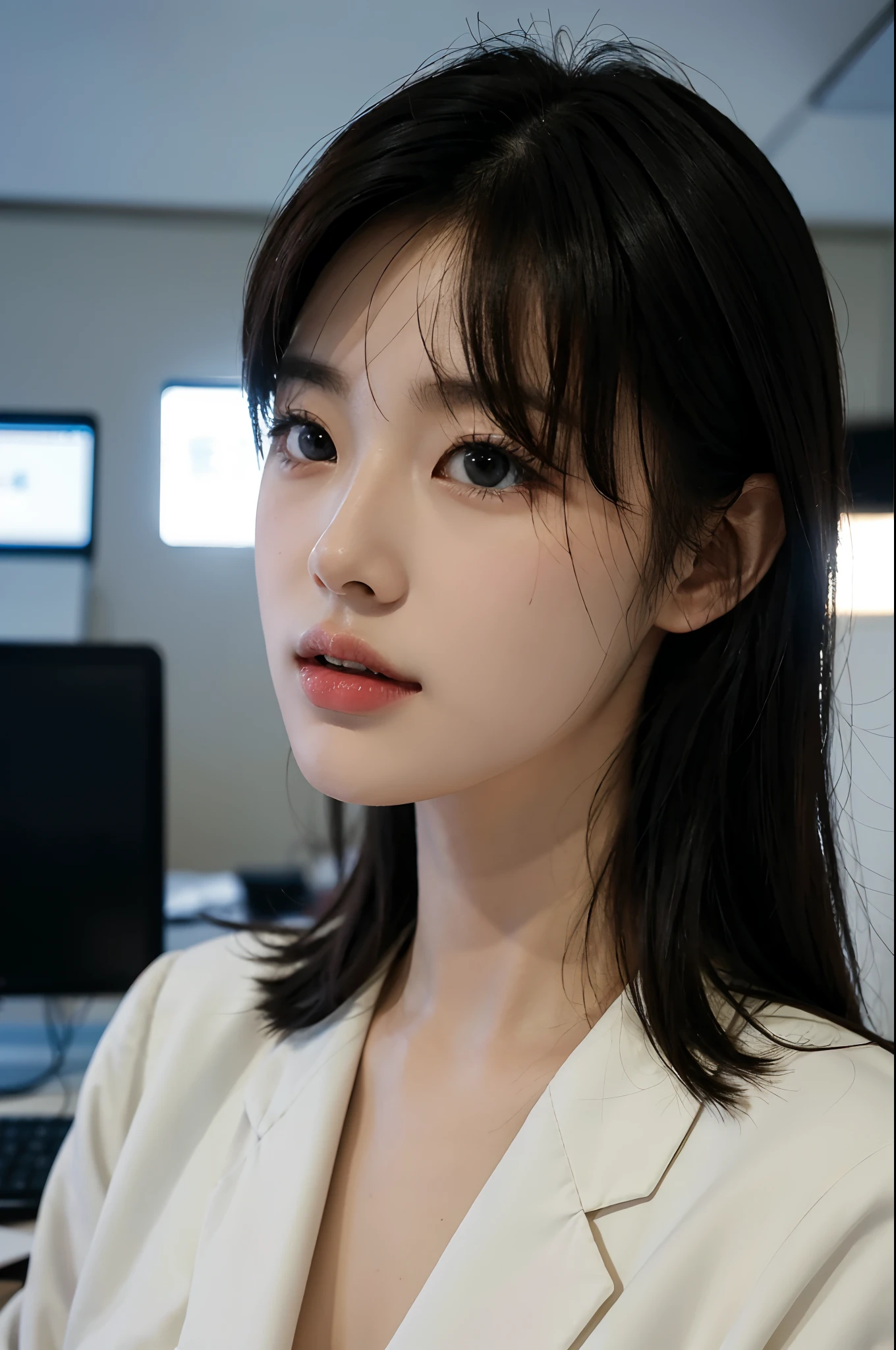 High-res, Realistic portrait of professional korean office lady with perfect skin，Professional suits，Women's suits，stand posture，The upper part of the body，Women in the workplace，Show confidence and maturity, Surrounded by a modern corporate environment, Vibrant and naturally lit highlights. The artwork should emphasize her elegant facial features, Including charming long eyes, Fluttering eyelashes and seductive lips. The scene should be enhanced with elements of professionalism and visual appeal，For example, Stylish work desk, Mainframe computers, High-resolution display, and complex stationery. The overall tone should be warm and professional, Has a soft and natural color palette. The artwork should exude a sense of professionalism, Success, and cultural pride，The background is blurred out