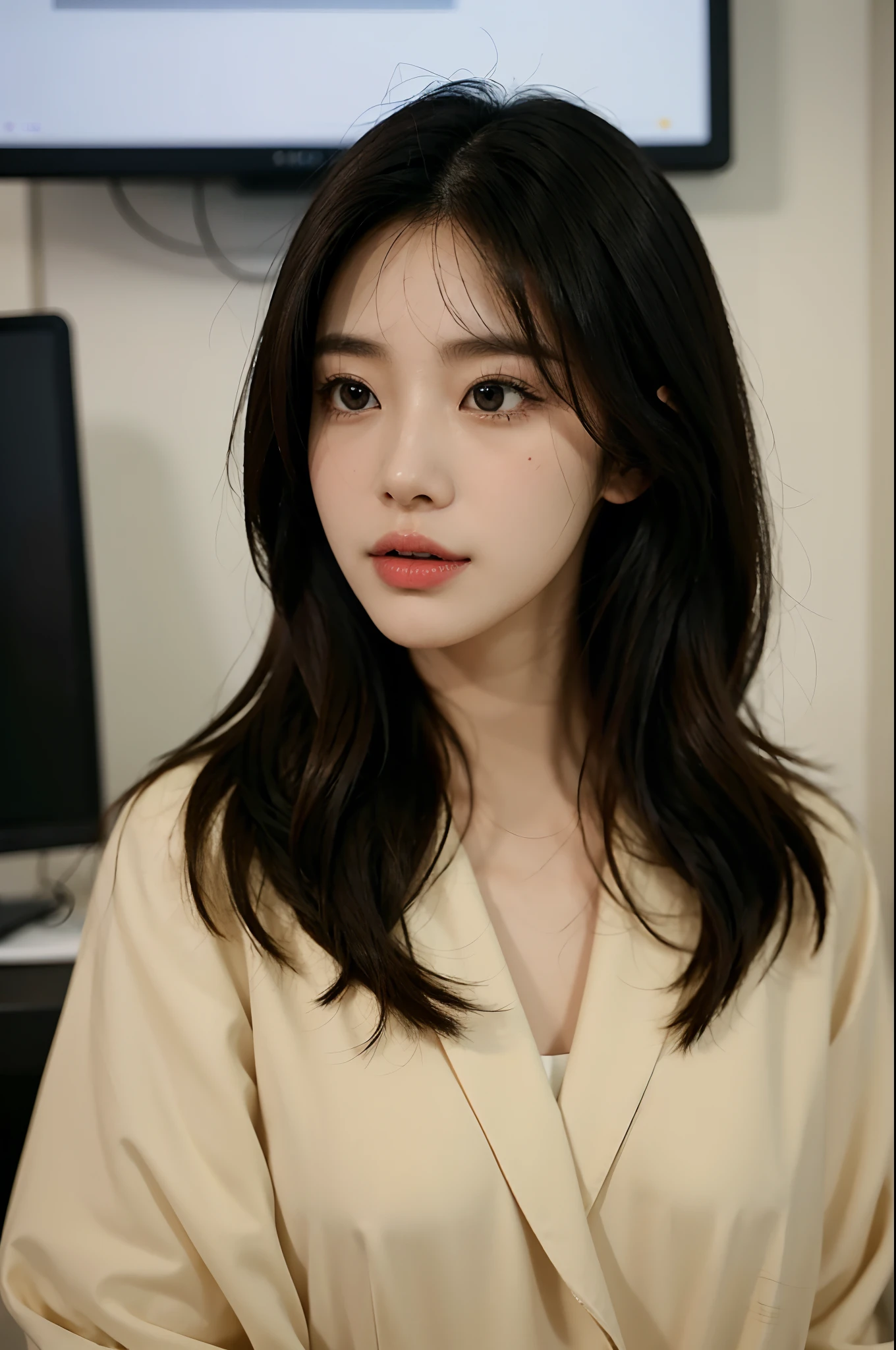 High-res, Realistic portrait of professional korean office lady with perfect skin,Professional suits,Women's suits,stand posture,The upper part of the body,Women in the workplace,Show confidence and maturity, Surrounded by a modern corporate environment, Vibrant and naturally lit highlights. The artwork should emphasize her elegant facial features, Including charming long eyes, Fluttering eyelashes and seductive lips. The scene should be enhanced with elements of professionalism and visual appeal,For example, Stylish work desk, Mainframe computers, High-resolution display, and complex stationery. The overall tone should be warm and professional, Has a soft and natural color palette. The artwork should exude a sense of professionalism, Success, and cultural pride,The background is blurred out