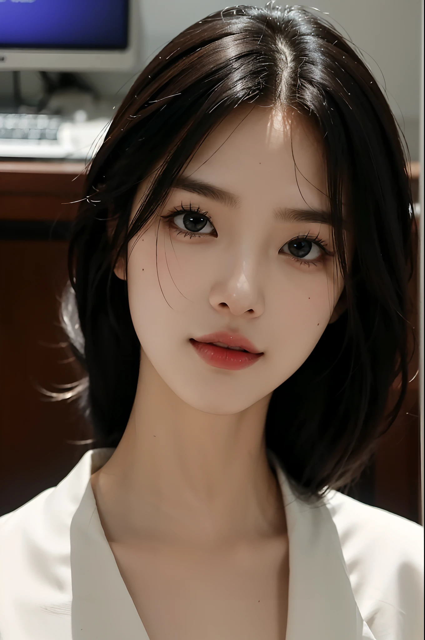High-res, Realistic portrait of professional korean office lady with perfect skin,Professional suits,Women's suits,stand posture,The upper part of the body,Women in the workplace,Show confidence and maturity, Surrounded by a modern corporate environment, Vibrant and naturally lit highlights. The artwork should emphasize her elegant facial features, Including charming long eyes, Fluttering eyelashes and seductive lips. The scene should be enhanced with elements of professionalism and visual appeal,For example, Stylish work desk, Mainframe computers, High-resolution display, and complex stationery. The overall tone should be warm and professional, Has a soft and natural color palette. The artwork should exude a sense of professionalism, Success, and cultural pride,The background is blurred out