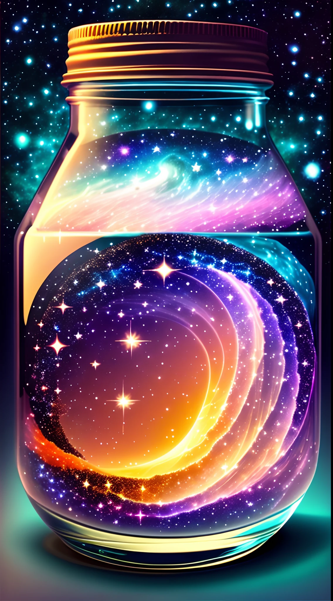 Of course! I'd be happy to help you describe an imaginary galaxy inside a jar. Here's an illustrative description:

Imagine holding a small, crystal-clear glass jar in your hands. It's a simple container, unassuming at first glance, but as you peer inside, you're transported to a breathtaking cosmic wonderland.

Within the confines of this jar lies an entire galaxy, a miniature universe captured in all its splendor. The glass walls of the jar seem to vanish, replaced by the inky backdrop of space. Stars of every size and color twinkle with an ethereal radiance, their light refracted and magnified by the jar's surface, creating a dazzling display.

In the center of this celestial spectacle, a swirling spiral galaxy takes the spotlight. It's a whirlpool of cosmic dust and gas, forming graceful arms that stretch outwards. The spiral arms are adorned with clusters of stars, glowing like celestial jewels. Each star is a beacon of light, casting its gentle glow into the cosmos.

Nebulas, those cosmic clouds of gas and dust, drift gracefully through this miniature galaxy. They are vibrant and alive, their colors ranging from deep blues and fiery reds to soft pinks and purples. These nebulous formations are birthplaces of stars, and they add an artistic touch to the cosmic canvas.

Intergalactic wonders fill the jar's space as well. Tiny meteors streak by, leaving fleeting trails of light in their wake. Distant galaxies, like neighboring islands in the cosmic sea, can be seen in the far reaches of this jar universe. Their shapes and sizes vary, each one a testament to the diversity of the cosmos.

As you continue to gaze into this tiny universe, you can't help but feel a sense of wonder and awe. It's as if you hold the entire universe in your hands, a reminder of the vastness and beauty of the cosmos, all contained within the confines of a simple glass jar.