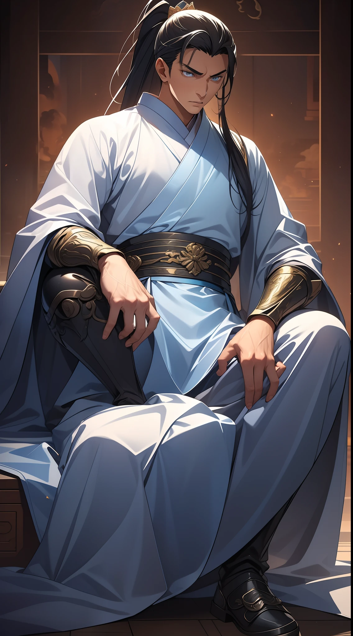 Masterpiece, Excellent, Daytime, 1 Man, Chinese Style, Ancient China, Chinese Court, Eagle, Turquoise Brown Hair, Gray-Blue Eyes, Split Hair, Long Hair, Long Bangs, High Ponytail, Handsome, Handsome, Serious, Gentle, Tall, Quiet, Dark Clothes, Gray-Blue Clothes, Dark Blue Clothes, Prince, Sword, Looking Down
