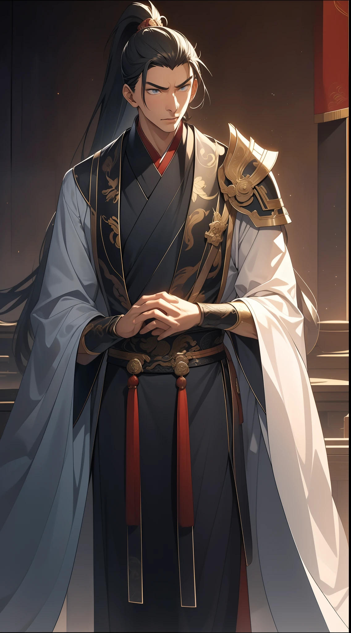 Masterpiece, Excellent, Daytime, 1 Man, Chinese Style, Ancient China, Chinese Court, Eagle, Turquoise Brown Hair, Gray-Blue Eyes, Split Hair, Long Hair, Long Bangs, High Ponytail, Handsome, Handsome, Serious, Gentle, Tall, Quiet, Dark Clothes, Gray-Blue Clothes, Dark Blue Clothes, Prince, Sword, Looking Down