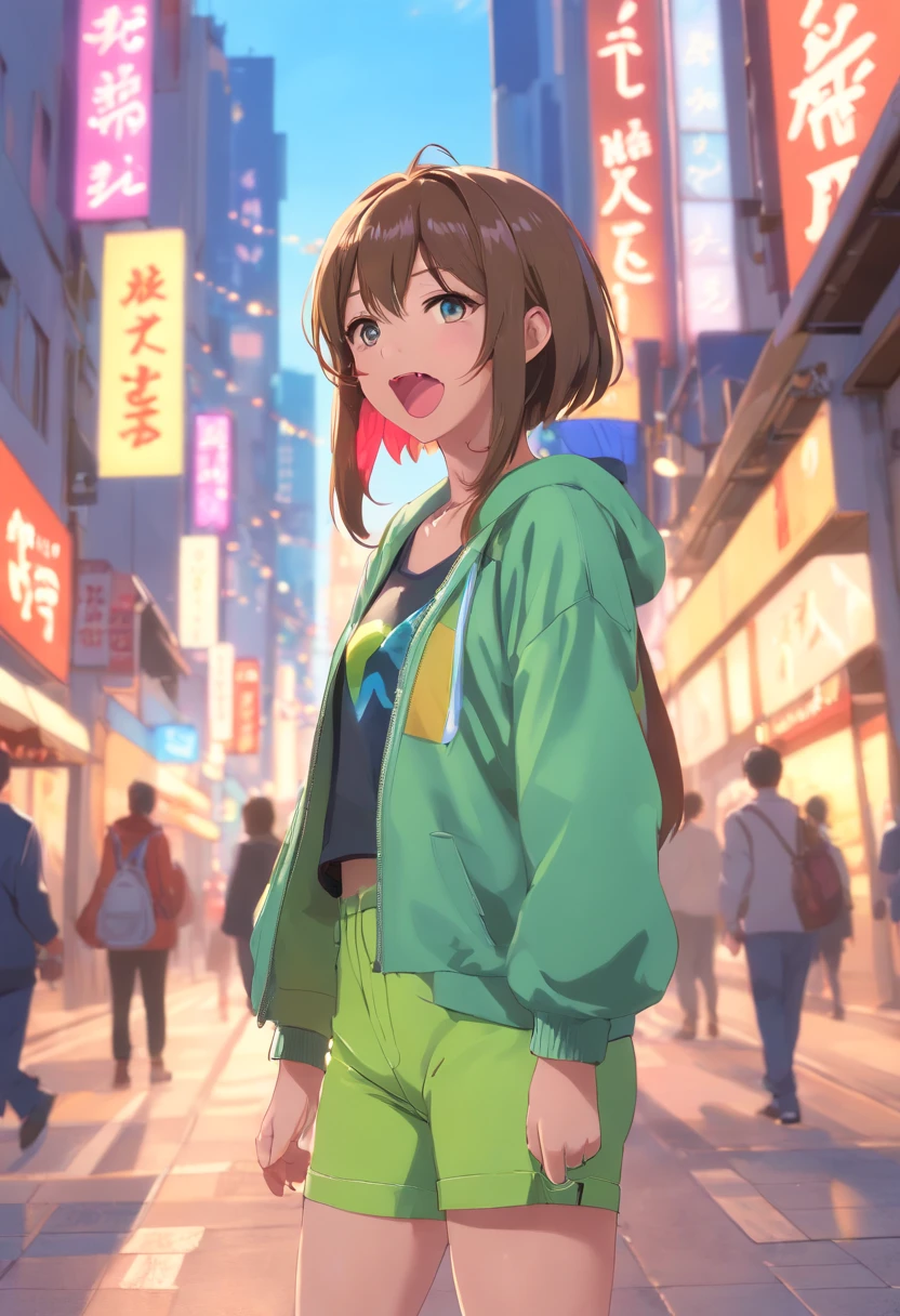 ((Raw foto)), ((masterpiece)), Anthropomorphic humanoid frog in modern clothes,(((long tongue、Multiple tongues、put out the tongue))) hoods, Pants, a person々Furiously walk between them, intricate detailes, Complex Greebles works, The city behind, muscular body, Muscular arms, small head, Giant Demon, titan, espadrilles, softlighting, 32K, A hyper-realistic, The background details are exquisite,The scene is surreal,Create attractive graphic styles