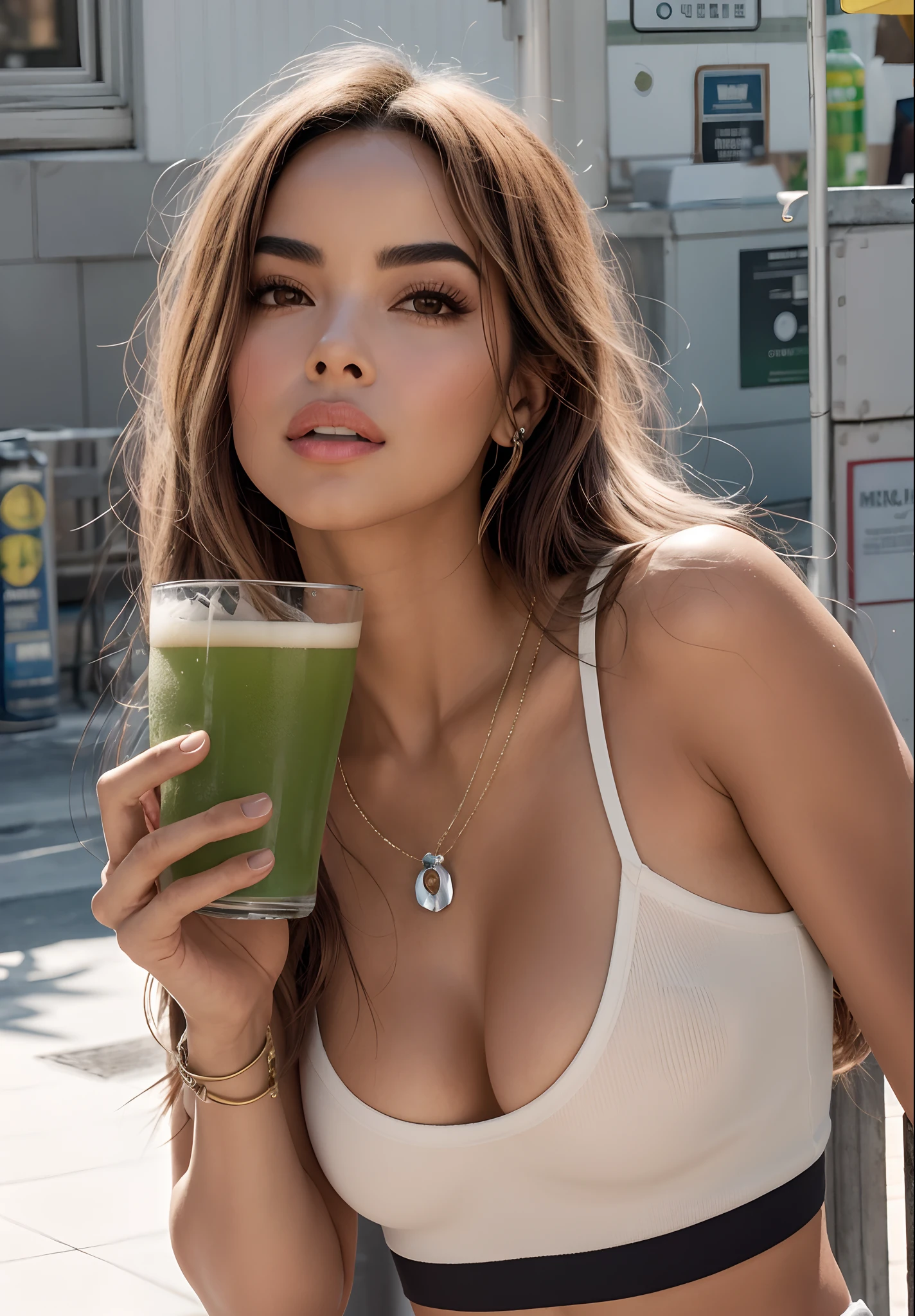 Mulher de Araffe em um top branco segurando uma bebida verde, Meio rosa, Retrato Demi Rose, Retrato por Demi Rose, cerveja madison, Retrato claro de Demi Rose, Retrato Sophie Mudd, Violeta Myers, imagem de perfil, foto do perfil, com uma bebida, Isabela Moner, 🍸🍋, :: cerveja madison, olivia culpo, usando uma camiseta regata de corte baixo, fotografia realista, fotografia, obra-prima, realista, Realismo, renderizado, Alto contraste, Arte Digital, fotográficorealista, trend in Artstation 8k HD, high definiton, circunstanciado, Realistic, detalhada, textura da pele, hiperdetalhada, Textura realista da pele, melhor qualidade, ultra high-resolution, (fotografia realista: 1.4), alta resolução, detalhada, fotografia crua, sharp resolution, Nikon D850 filmes, fotografia de stock 4, Kodak Portra 400 Camera F1 Lens.6, textura hiper realista, lighting dramatic, Unrealistic trend in Artstation Cinestill 800, ..RAW.