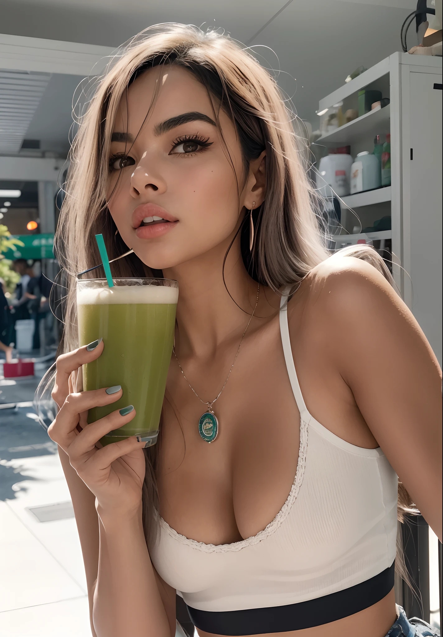 Mulher de Araffe em um top branco segurando uma bebida verde, Meio rosa, Retrato Demi Rose, Retrato por Demi Rose, cerveja madison, Retrato claro de Demi Rose, Retrato Sophie Mudd, Violeta Myers, imagem de perfil, foto do perfil, com uma bebida, Isabela Moner, 🍸🍋, :: cerveja madison, olivia culpo, usando uma camiseta regata de corte baixo, fotografia realista, fotografia, obra-prima, realista, Realismo, renderizado, Alto contraste, Arte Digital, fotográficorealista, trend in Artstation 8k HD, high definiton, circunstanciado, Realistic, detalhada, textura da pele, hiperdetalhada, Textura realista da pele, melhor qualidade, ultra high-resolution, (fotografia realista: 1.4), alta resolução, detalhada, fotografia crua, sharp resolution, Nikon D850 filmes, fotografia de stock 4, Kodak Portra 400 Camera F1 Lens.6, textura hiper realista, lighting dramatic, Unrealistic trend in Artstation Cinestill 800, ..RAW.
