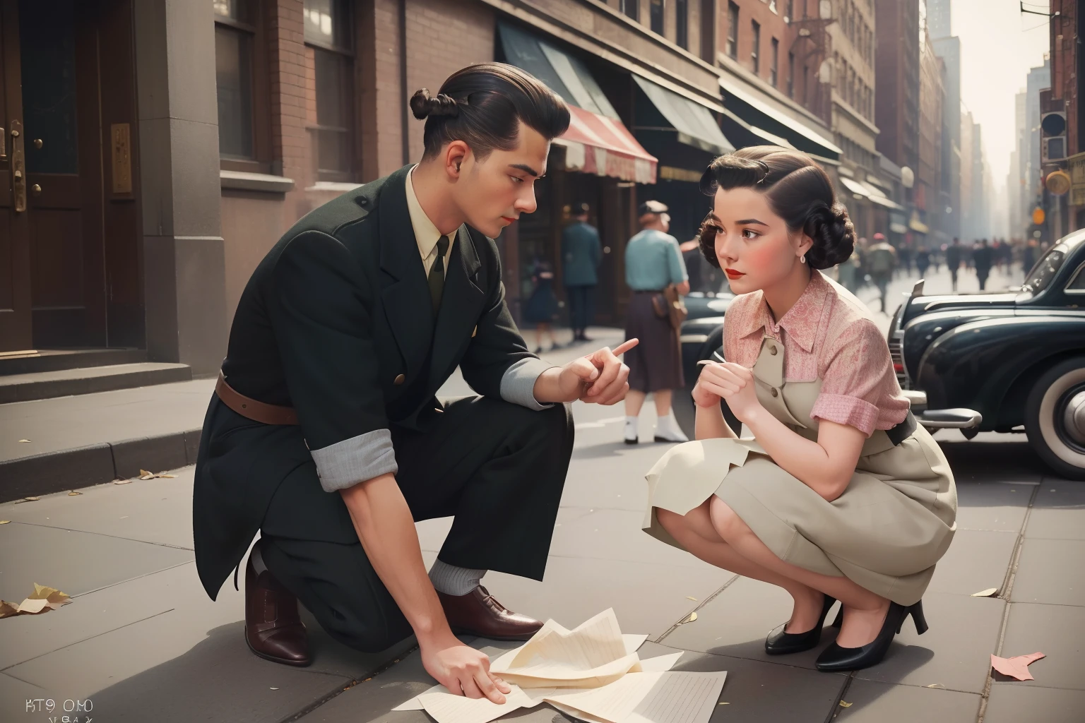 Year: 1946. Location: New York. scene with a woman with a black bun kneeling in the street to pick some fallen papers, a man helping her ((1940s clothes)) ((1940s hairstyle)) ((in the style of "OMITB")) ((cinematic style))