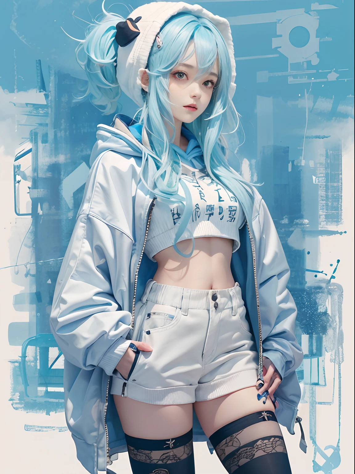 tmasterpiece,1girll,独奏,long whitr hair,blue hairs,hoody,cropped shoulders:1.2,Mob caps,the street,hand on hips,hand on pockets,blackstockings