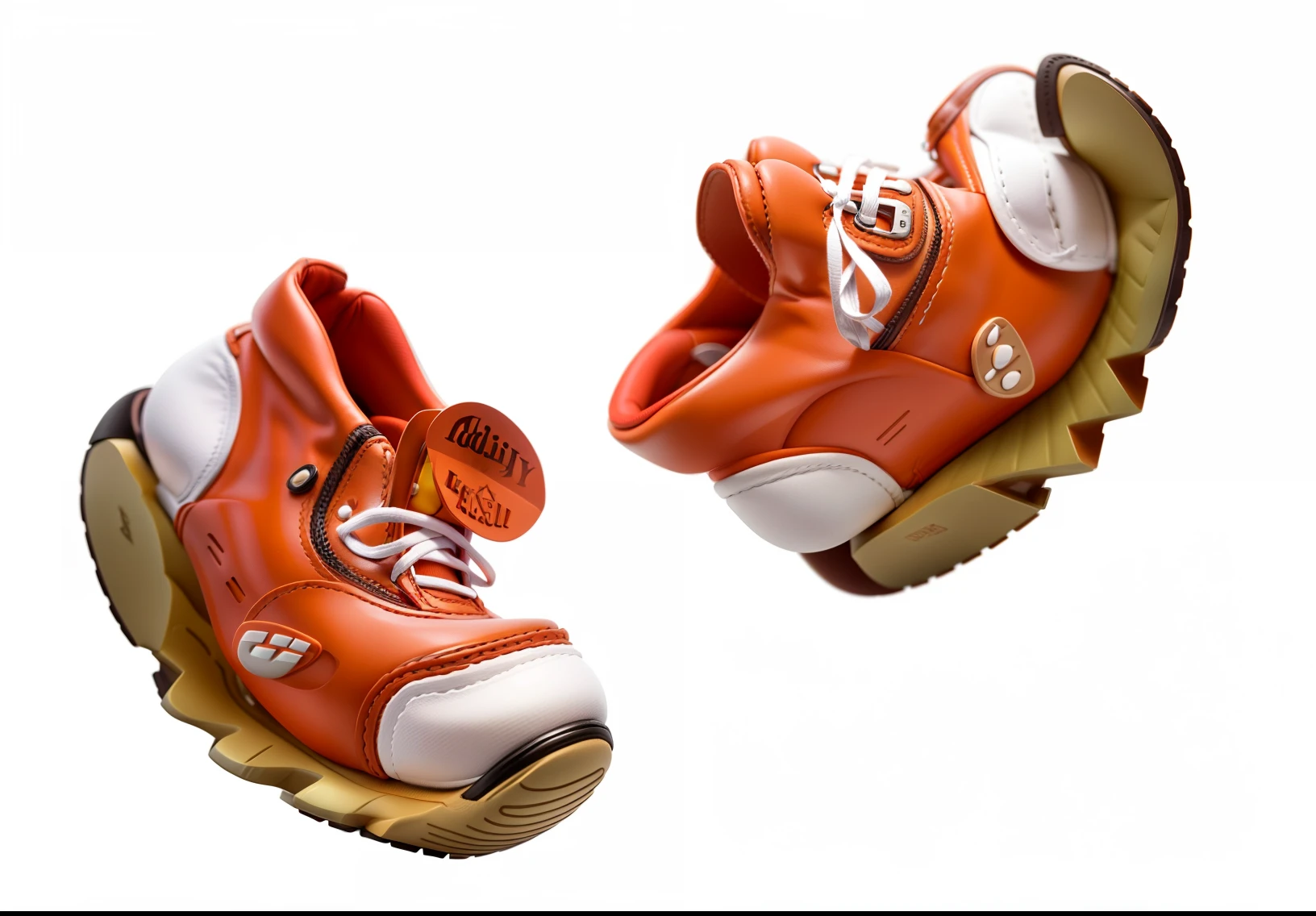 high qulity,2 pairs of identical red daddy travel shoes,cartoonish style,The upper is orange and white,The laces are white,Brown sole,adolable,Rounded,white backgrounid,estilo cartoon 3d,It has a leather texture,detail-rich,