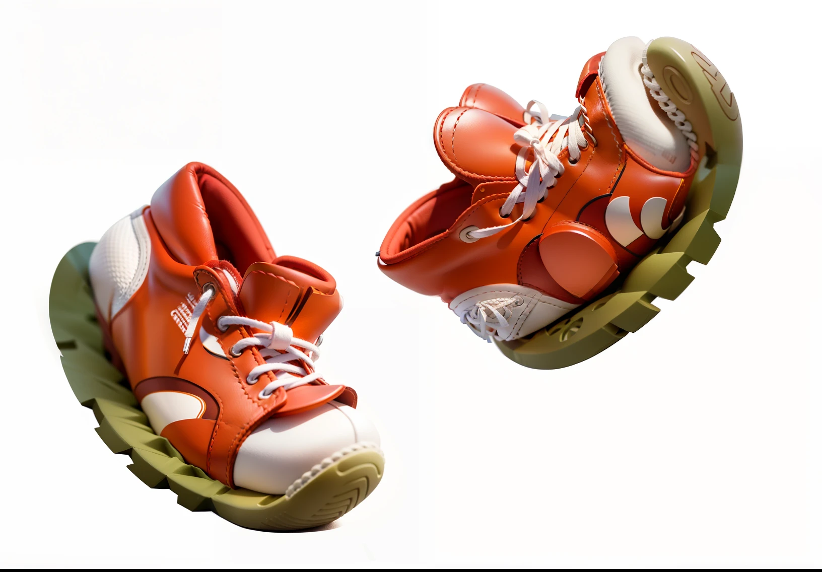 high qulity,2 pairs of identical red daddy travel shoes,cartoonish style,The upper is orange and white,The laces are white,Brown sole,adolable,Rounded,white backgrounid,estilo cartoon 3d,It has a leather texture,detail-rich,