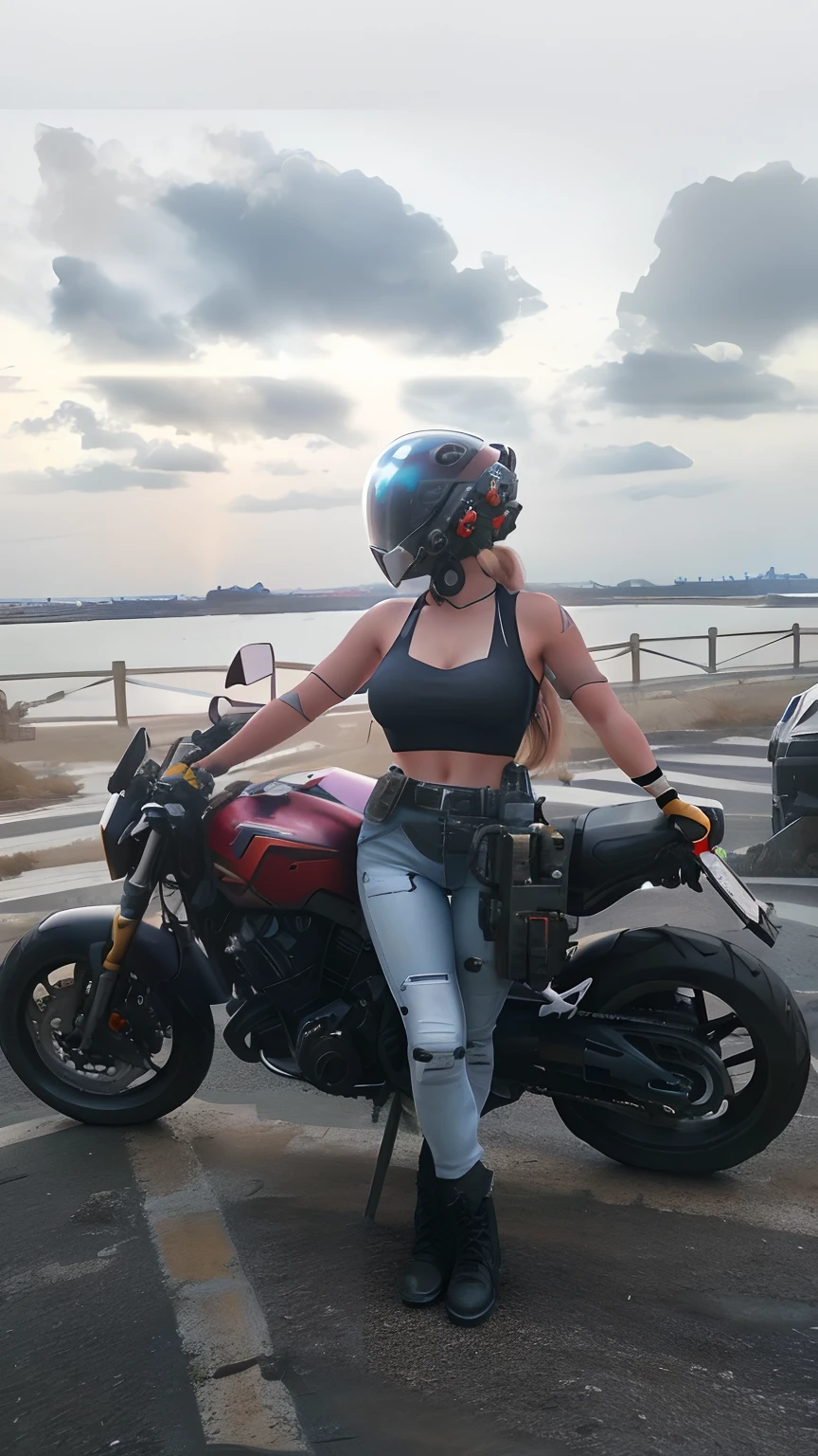 Hermosa mujer, voluptuoso cuerpo entero, Usando casco de moto que oculta su rostro, usando armadura estilo ciberpunk ,condenar, Warhammer 40.000 precioso y hundido, Bright and moist sculptural body, usando mecha de metal desgastado, rojo y blanco, campo de batalla, alien planet, naves gigantes, Alien buildings destroyed by battle,