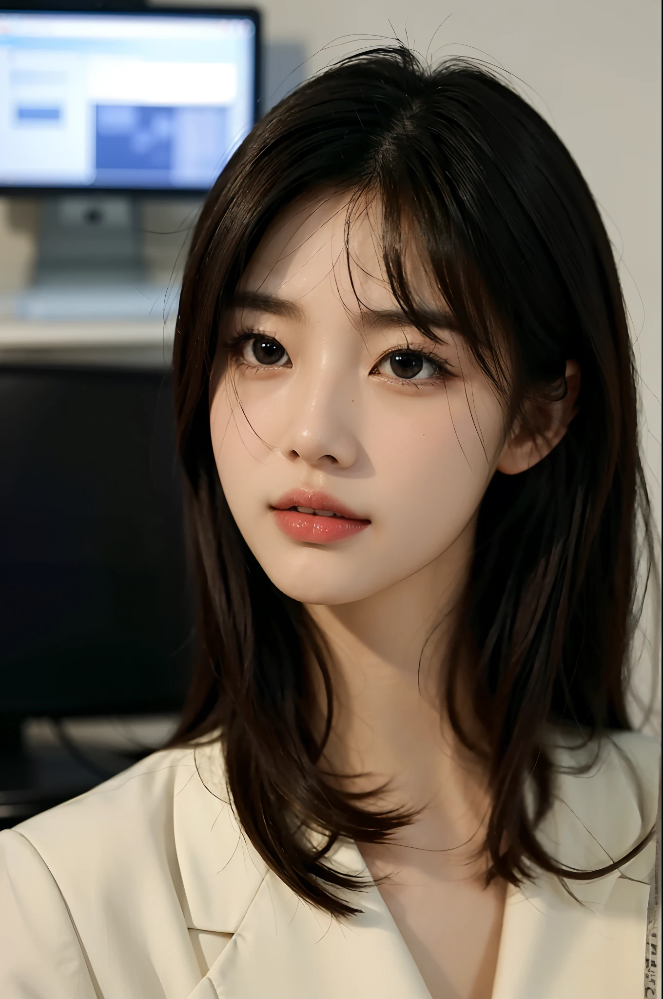 High-res, Realistic portrait of professional korean office lady with perfect skin，Professional suits，Women's suits，stand posture，The upper part of the body，Women in the workplace，Show confidence and maturity, Surrounded by a modern corporate environment, Vibrant and naturally lit highlights. The artwork should emphasize her elegant facial features, Including charming long eyes, Fluttering eyelashes and seductive lips. The scene should be enhanced with elements of professionalism and visual appeal，For example, Stylish work desk, Mainframe computers, High-resolution display, and complex stationery. The overall tone should be warm and professional, Has a soft and natural color palette. The artwork should exude a sense of professionalism, Success, and cultural pride，The background is blurred out