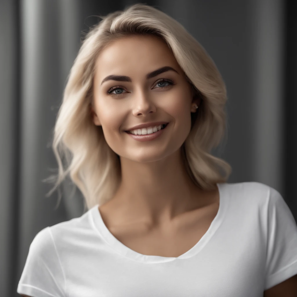 (photo: 1.3) af (realism: 1.4), (((white T-shirt))), (blond lady), super high resolution, (realism: 1.4), 1 girl, female avatar, soft light, Black hair, smile, facial focus, cheerful, young, confident, ((gray background)), (((monochrome background))), high definition, details, slightly looking up, perfect picture, movie quality, ultra high definition, Female avatar, beautiful girl, young and beautiful, exquisite face, elegant and luxurious
