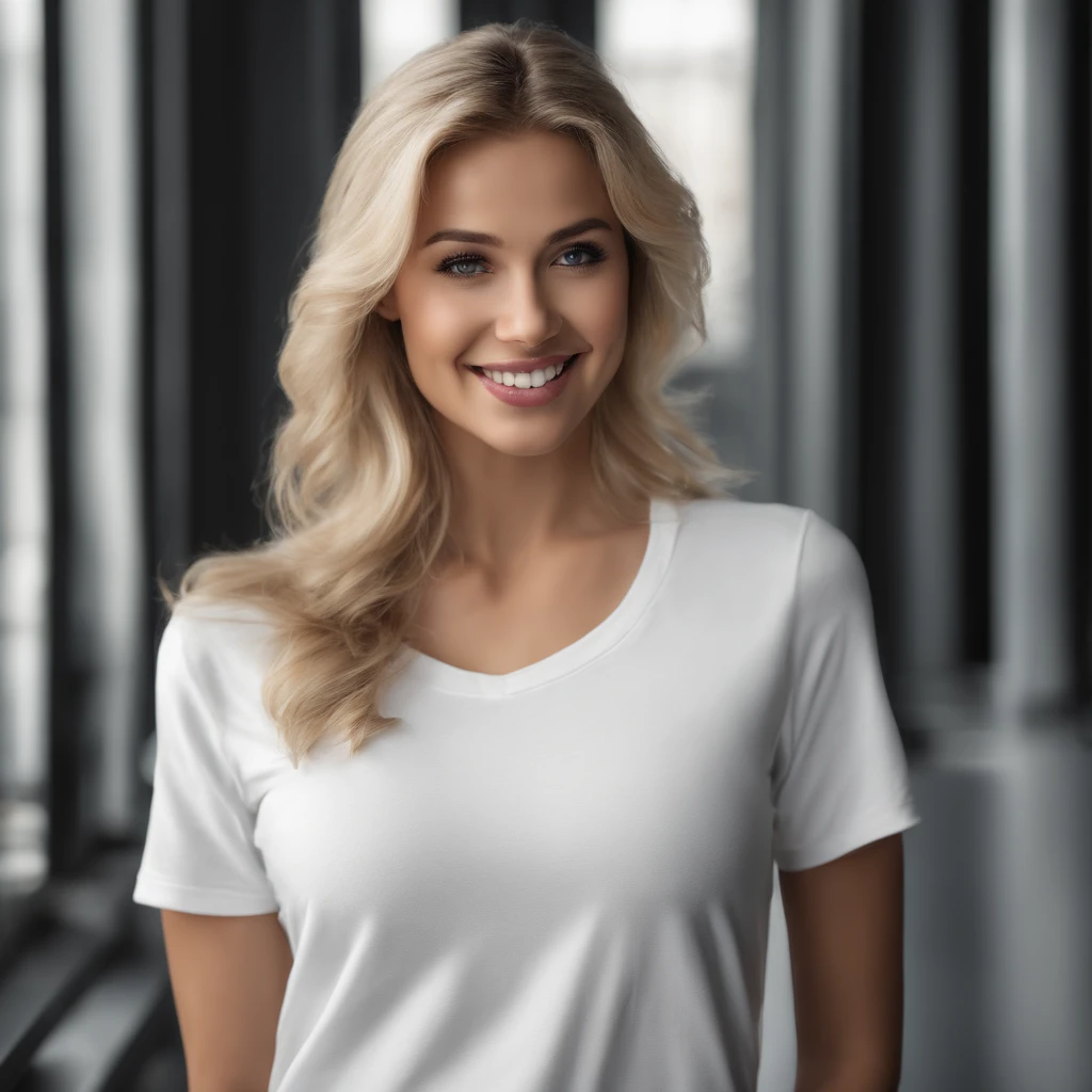 (photo: 1.3) af (realism: 1.4), (((white T-shirt))), (blond lady), super high resolution, (realism: 1.4), 1 girl, female avatar, soft light, Black hair, smile, facial focus, cheerful, young, confident, ((gray background)), (((monochrome background))), high definition, details, slightly looking up, perfect picture, movie quality, ultra high definition, Female avatar, beautiful girl, young and beautiful, exquisite face, elegant and luxurious
