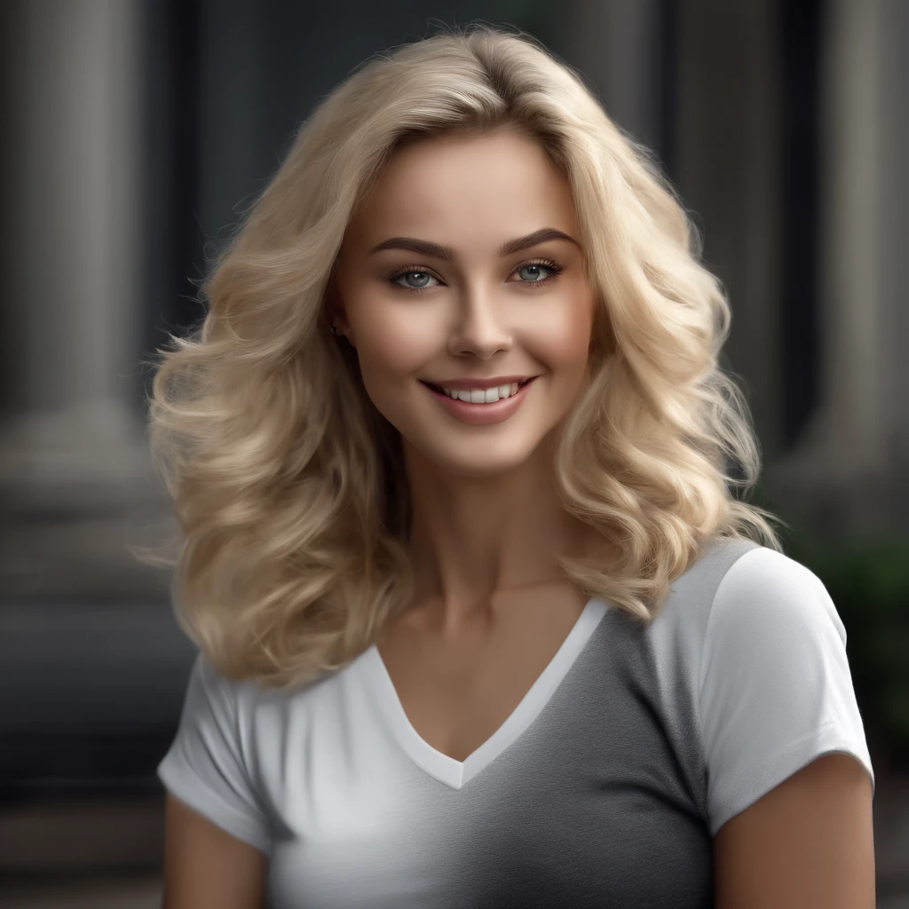 (photo: 1.3) af (realism: 1.4), (((white T-shirt))), (blond lady), super high resolution, (realism: 1.4), 1 girl, female avatar, soft light, Black hair, smile, facial focus, cheerful, young, confident, ((gray background)), (((monochrome background))), high definition, details, slightly looking up, perfect picture, movie quality, ultra high definition, Female avatar, beautiful girl, young and beautiful, exquisite face, elegant and luxurious