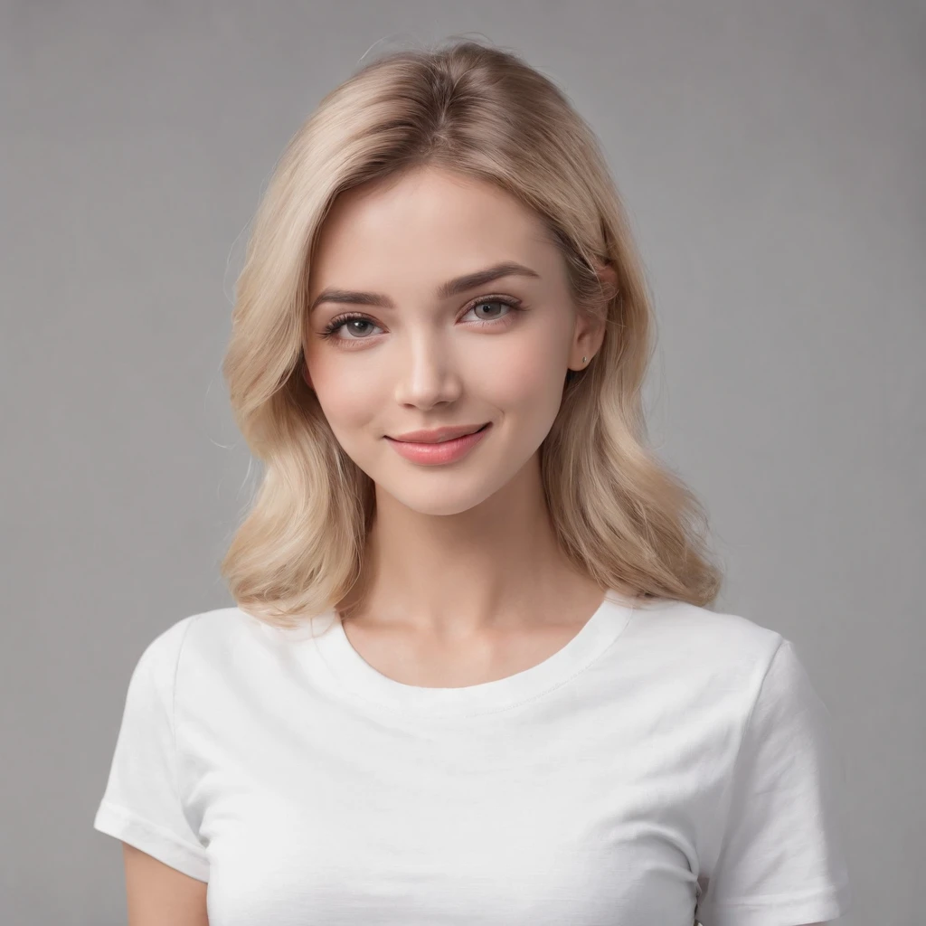 (photo: 1.3) af (realism: 1.4), (((white T-shirt))), (blond lady), super high resolution, (realism: 1.4), 1 girl, female avatar, soft light, Black hair, smile, facial focus, cheerful, young, confident, ((gray background)), (((monochrome background))), high definition, details, slightly looking up, perfect picture, movie quality, ultra high definition, Female avatar, beautiful girl, young and beautiful, exquisite face, elegant and luxurious