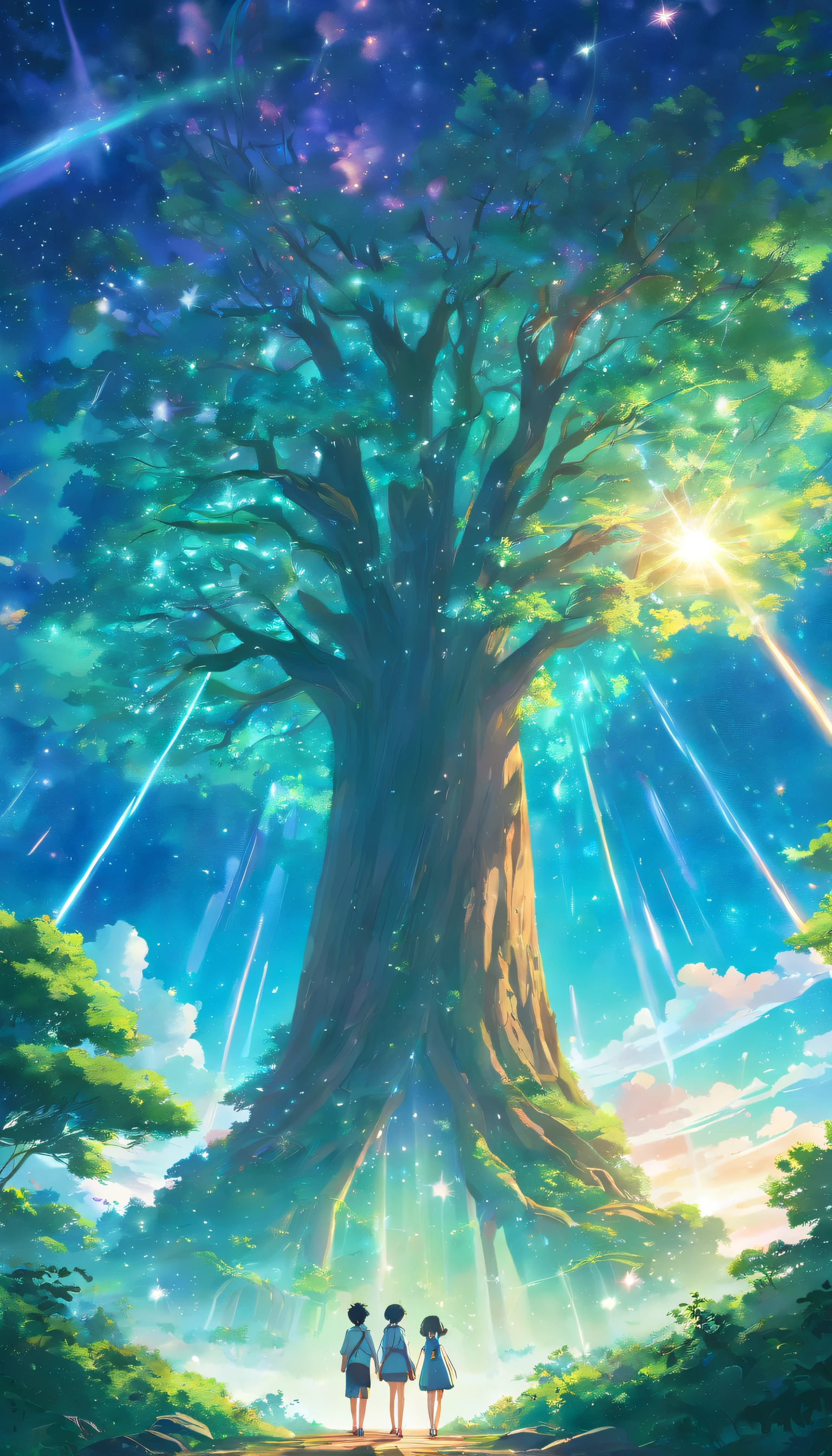 Illustration of a surreal, otherworldly, hyper sky scene including a giant crystal tree full body, highly detailed and magical lighting, intricate forest details, vegetation and surrounding river, solar punk, landscape, giant tree , beautiful green leaves, beautiful lighting and realistic proportions, as if this is a movie background, 8k, highest quality, masterpiece, clouds and stars in the sky.