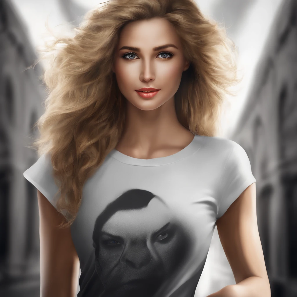 (photo: 1.3) af (realism: 1.4), (((white T-shirt))), (blond lady), super high resolution, (realism: 1.4), 1 girl, female avatar, soft light, Black hair, smile, facial focus, cheerful, young, confident, ((gray background)), (((monochrome background))), high definition, details, slightly looking up, perfect picture, movie quality, ultra high definition, Female avatar, beautiful girl, young and beautiful, exquisite face, elegant and luxurious