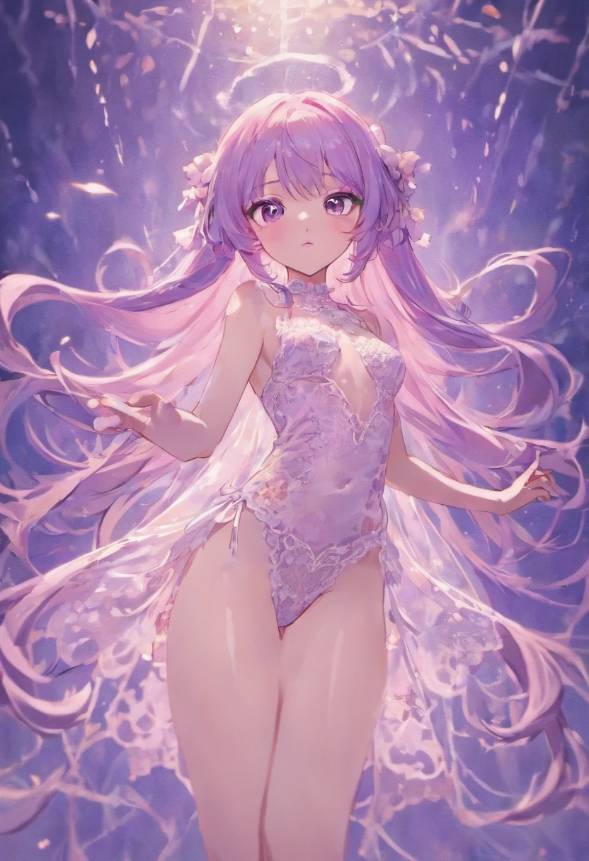 1girll, Long lilac hair,Lace lingerie shows shyness, Blush, Wet,(Masterpiece, Best quality), Soft light, Cinematic composition, Cinematic light