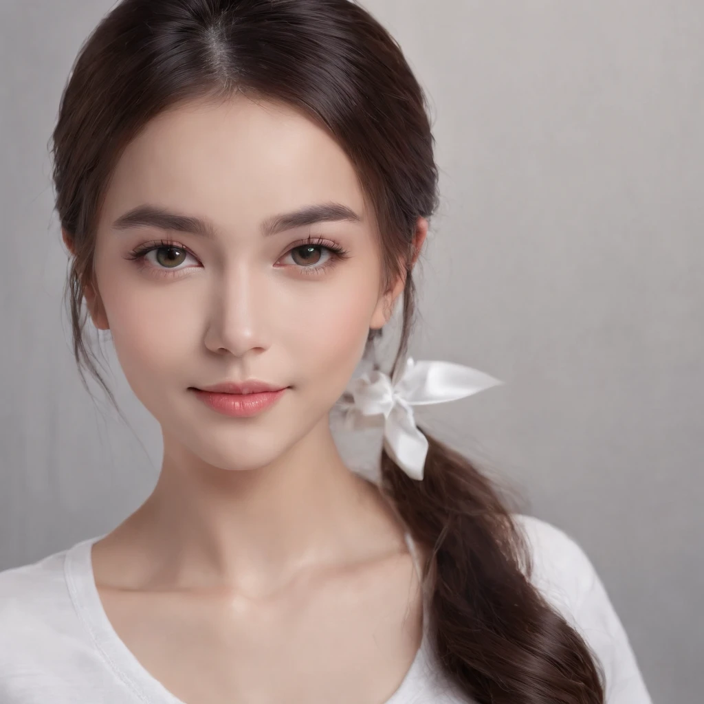 (photo: 1.3) af (photorealism: 1.4), (((white t-shirt))), super high resolution, (photorealism: 1.4), 1 girl, female avatar, soft light, black hair, smile, Facial focus, cheerful, (girl with short hair),, young, confident, ((gray background)), (((monochrome background))), high definition, details, slightly looking up, perfect picture, movie quality, ultra high definition , female avatar, beautiful girl, young and pretty, delicate face, elegant and luxurious, (close-up)