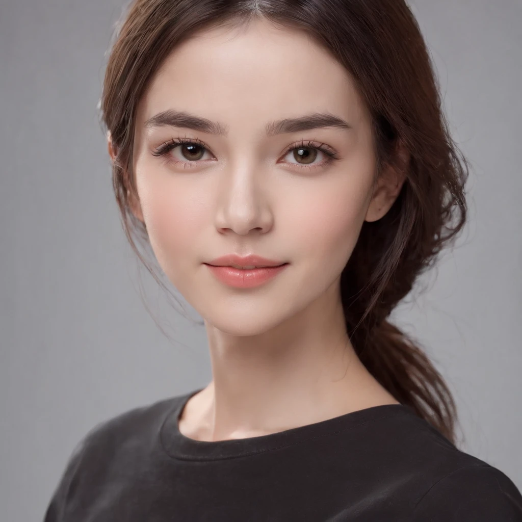 (photo: 1.3) af (photorealism: 1.4), (((white t-shirt))), super high resolution, (photorealism: 1.4), 1 girl, female avatar, soft light, black hair, smile, Facial focus, cheerful, (girl with short hair),, young, confident, ((gray background)), (((monochrome background))), high definition, details, slightly looking up, perfect picture, movie quality, ultra high definition , female avatar, beautiful girl, young and pretty, delicate face, elegant and luxurious, (close-up)