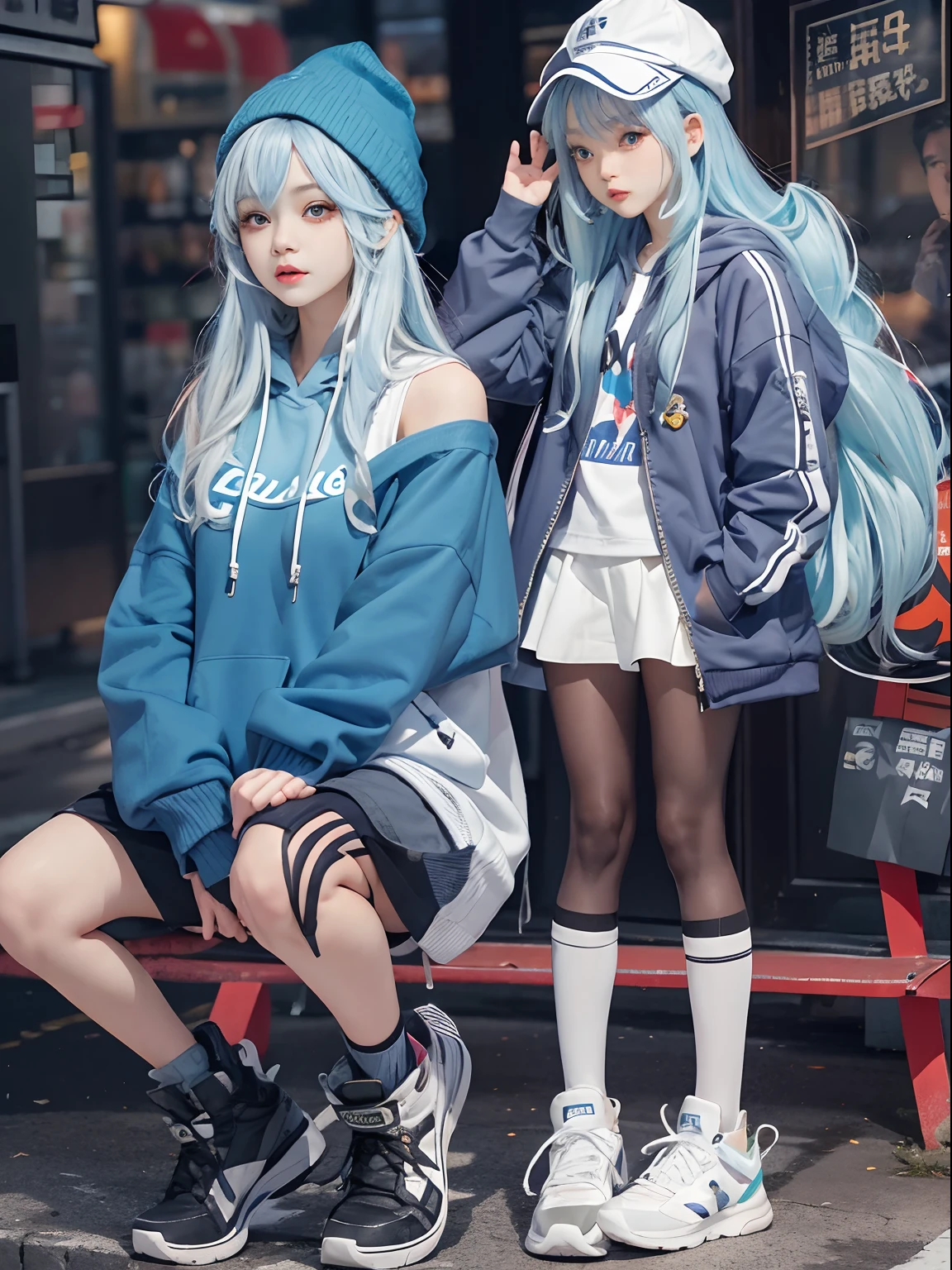 tmasterpiece,1girll,独奏,long whitr hair,blue hairs,hoody,cropped shoulders:1.2,mob cap,the street,hand on hips,hand on pockets,blackstockings