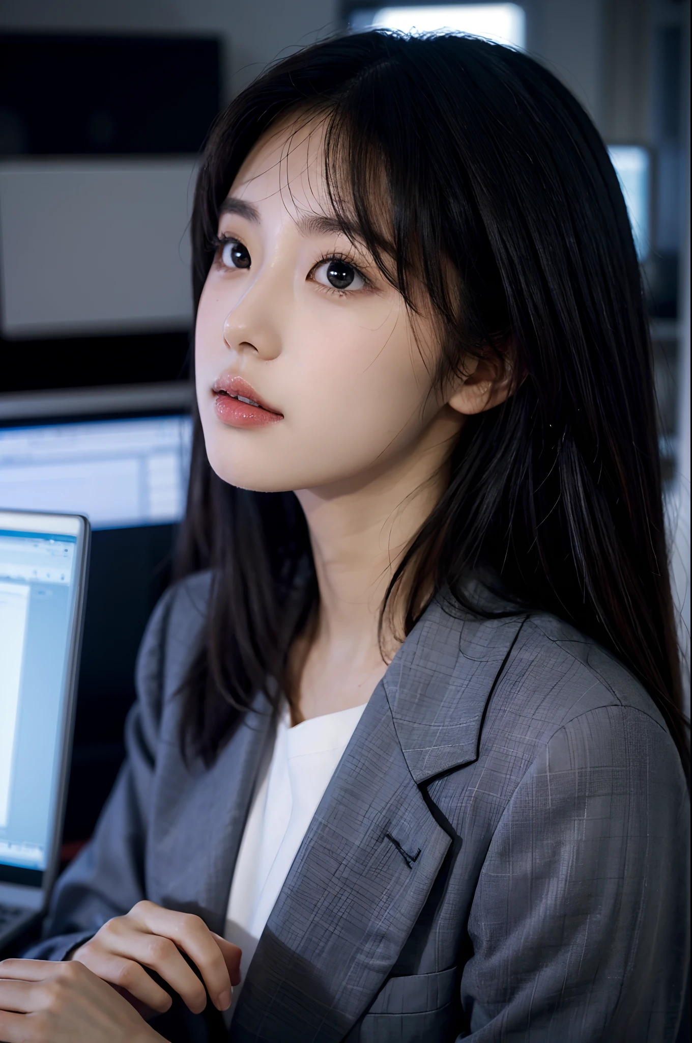 High-res, Realistic portrait of professional korean office lady with perfect skin，Professional suits，Women's suits，stand posture，The upper part of the body，Women in the workplace，Show confidence and maturity, Surrounded by a modern corporate environment, Vibrant and naturally lit highlights. The artwork should emphasize her elegant facial features, Including charming long eyes, Fluttering eyelashes and seductive lips. The scene should be enhanced with elements of professionalism and visual appeal，For example, Stylish work desk, Mainframe computers, High-resolution display, and complex stationery. The overall tone should be warm and professional, Has a soft and natural color palette. The artwork should exude a sense of professionalism, Success, and cultural pride，The background is blurred out